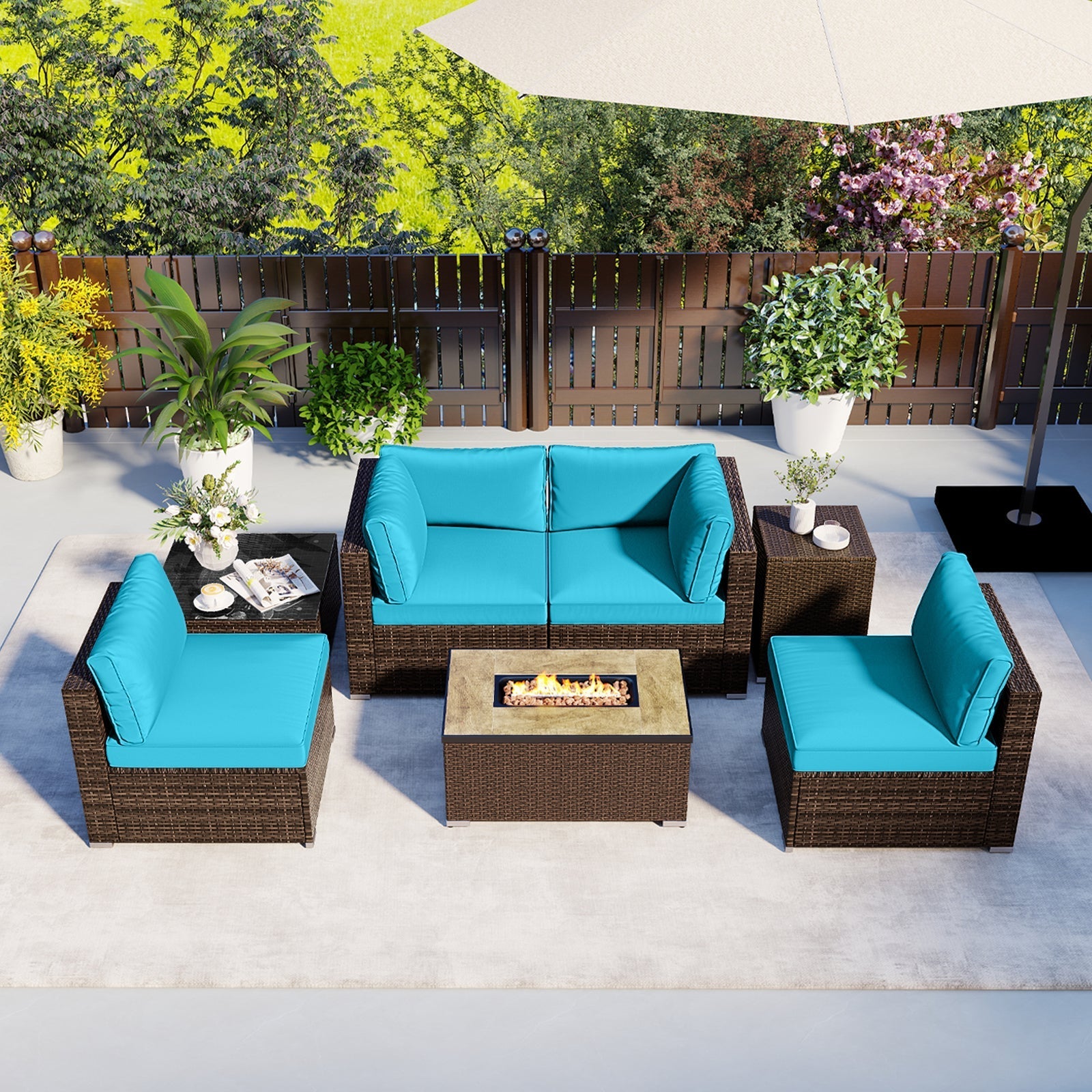 7 Pieces Outdoor Furniture Set with 32 Inch Fire Pit Table and Propane Tank Cover