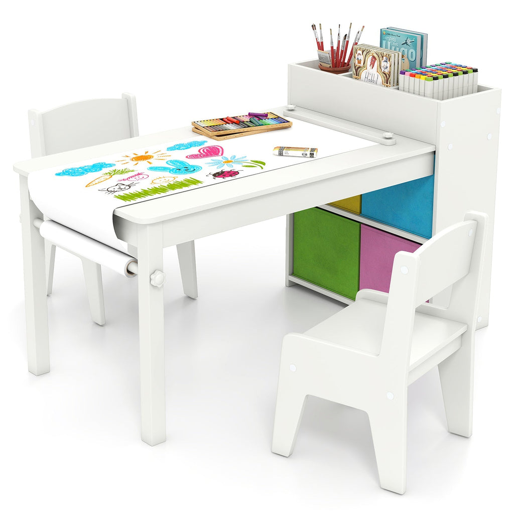 Kids Art Table and Chairs Set with 2 Chairs and Paper Roll