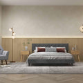 Modern 3-Piece Bedroom Furniture Set with Upholstered Queen Bed 2 Rattan Nightstands and 3-Globe Floor Lamp
