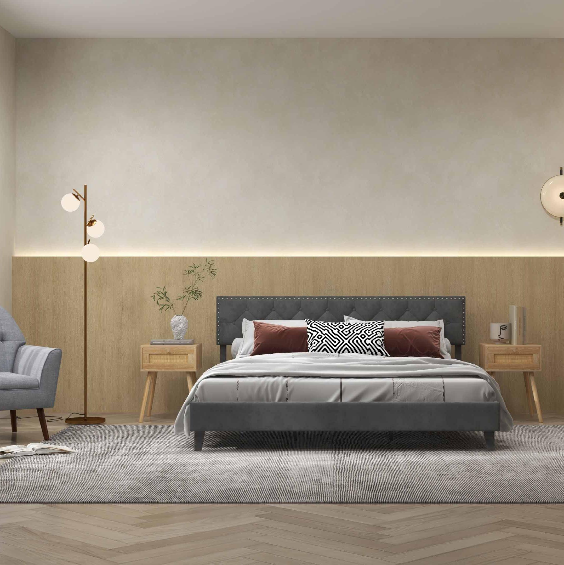 Modern 3-Piece Bedroom Furniture Set with Upholstered Queen Bed 2 Rattan Nightstands and 3-Globe Floor Lamp