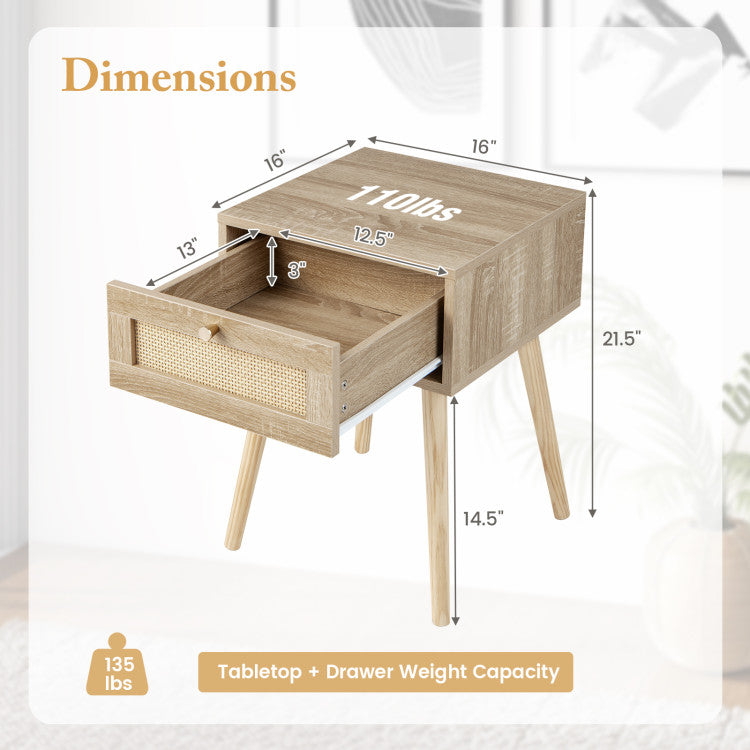 Modern 3-Piece Bedroom Furniture Set with Upholstered Queen Bed 2 Rattan Nightstands and 3-Globe Floor Lamp