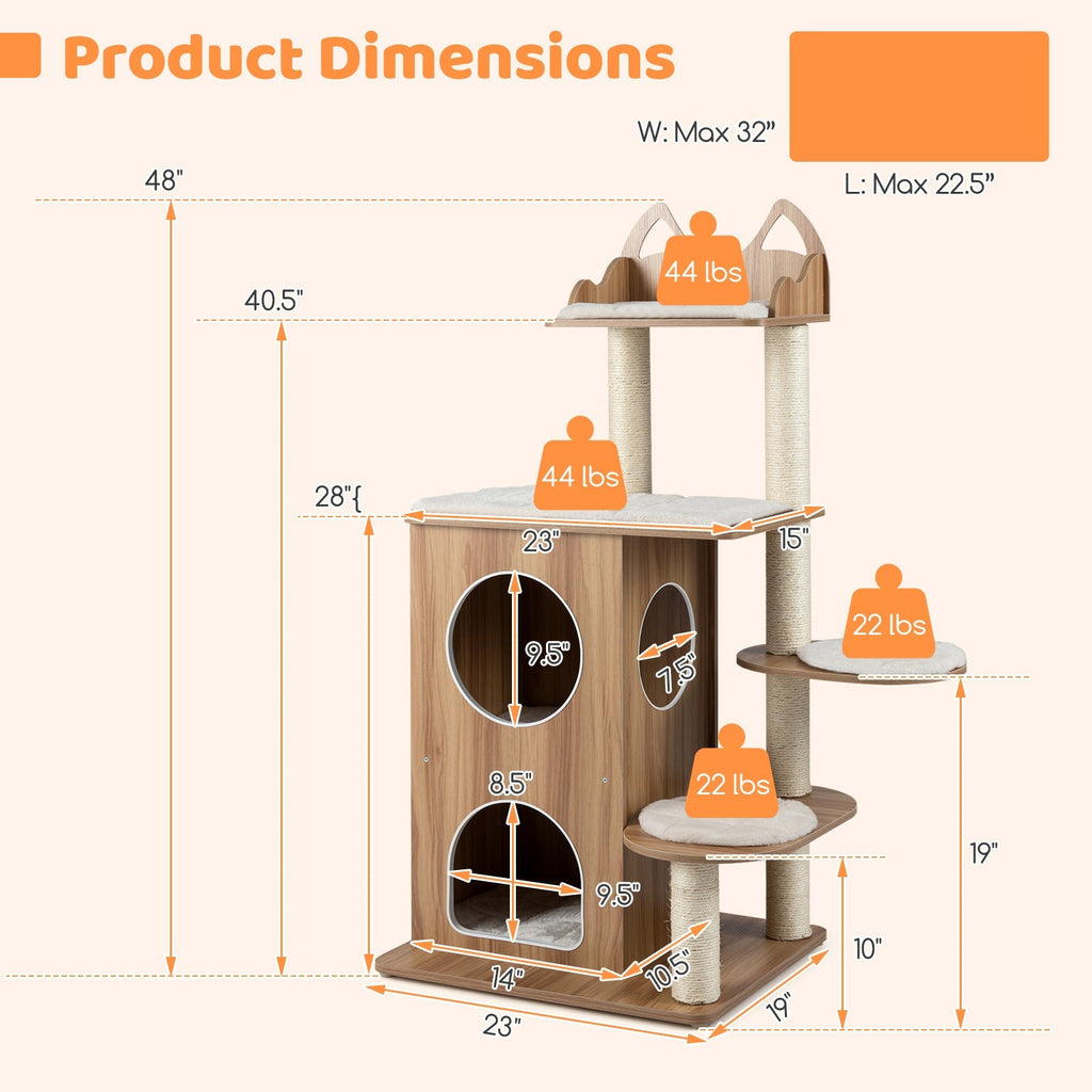 48 Inch Wooden Cat Tree with 2-Floor Condo and Washable Cushions-Natural