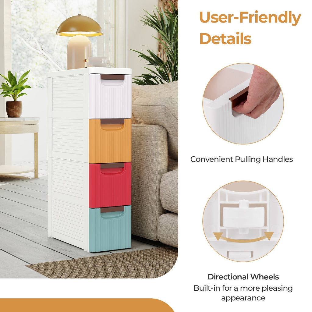 4-Drawer Rolling Organizer Unit Narrow Storage Cabinet with Built-In Wheels for Small Space-Colorful