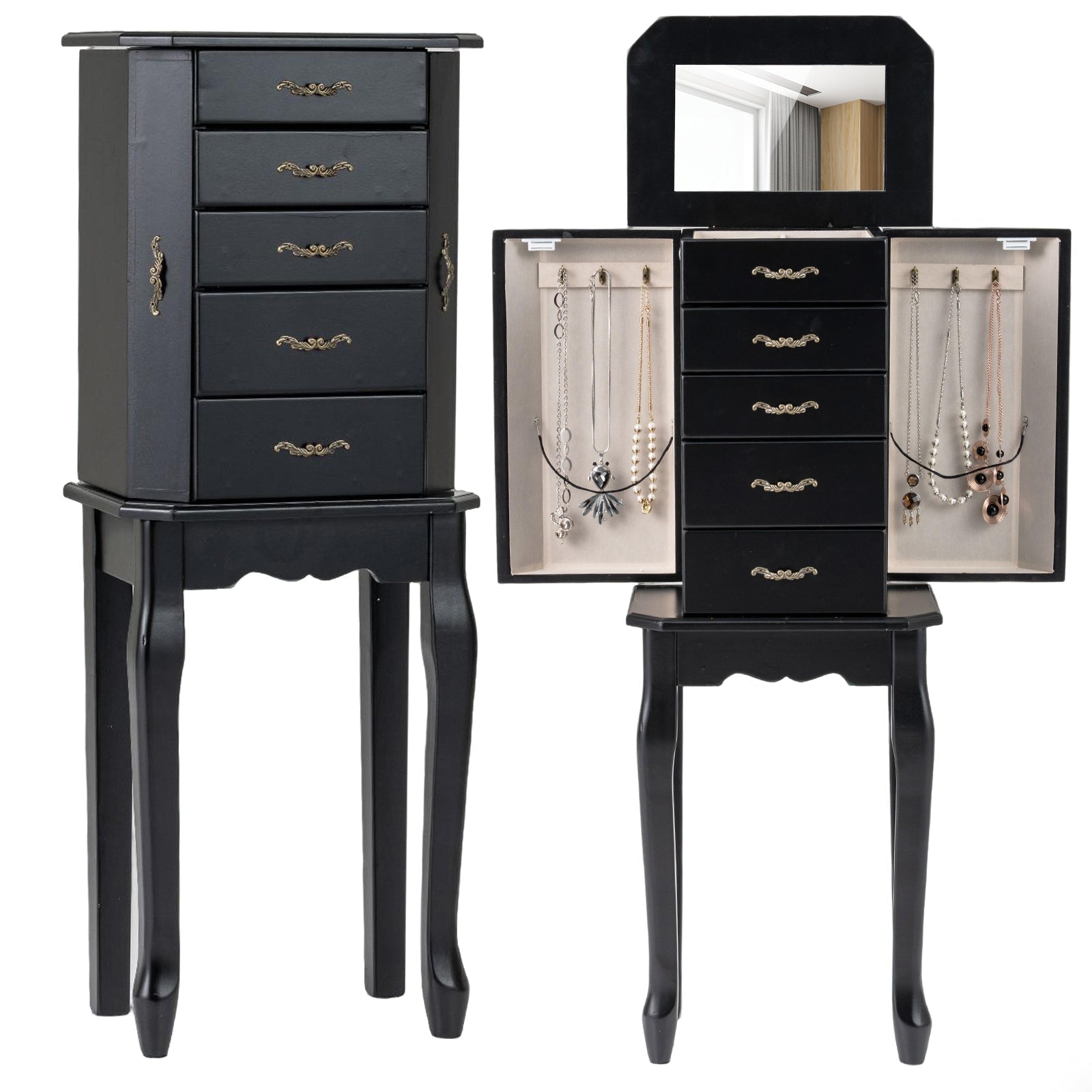 Standing Jewelry Box with 4 Drawers and 2 Side Doors