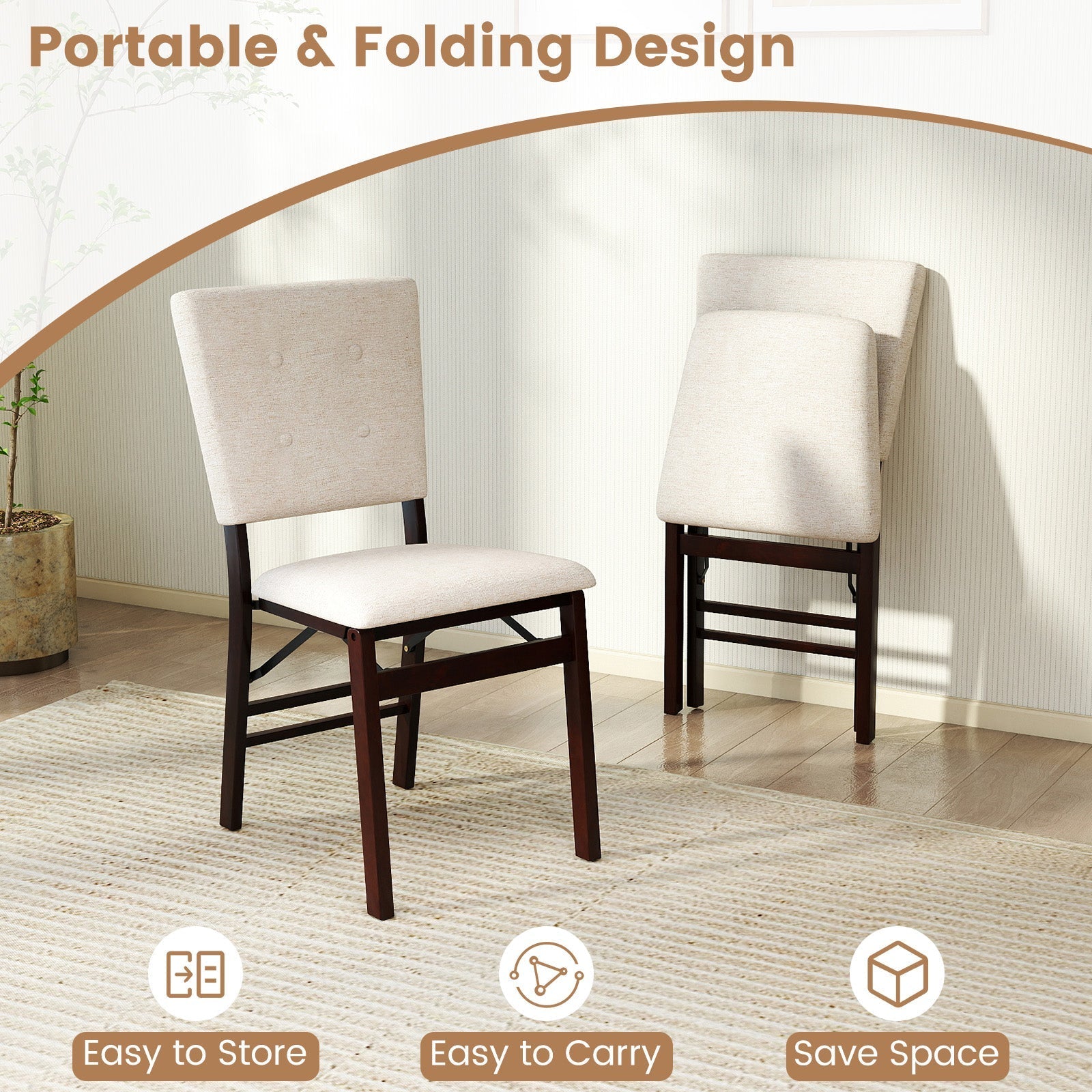 Foldable Dining Chair Set of 2 Armless Kitchen Chair with Padded Seat and Tilt Backrest