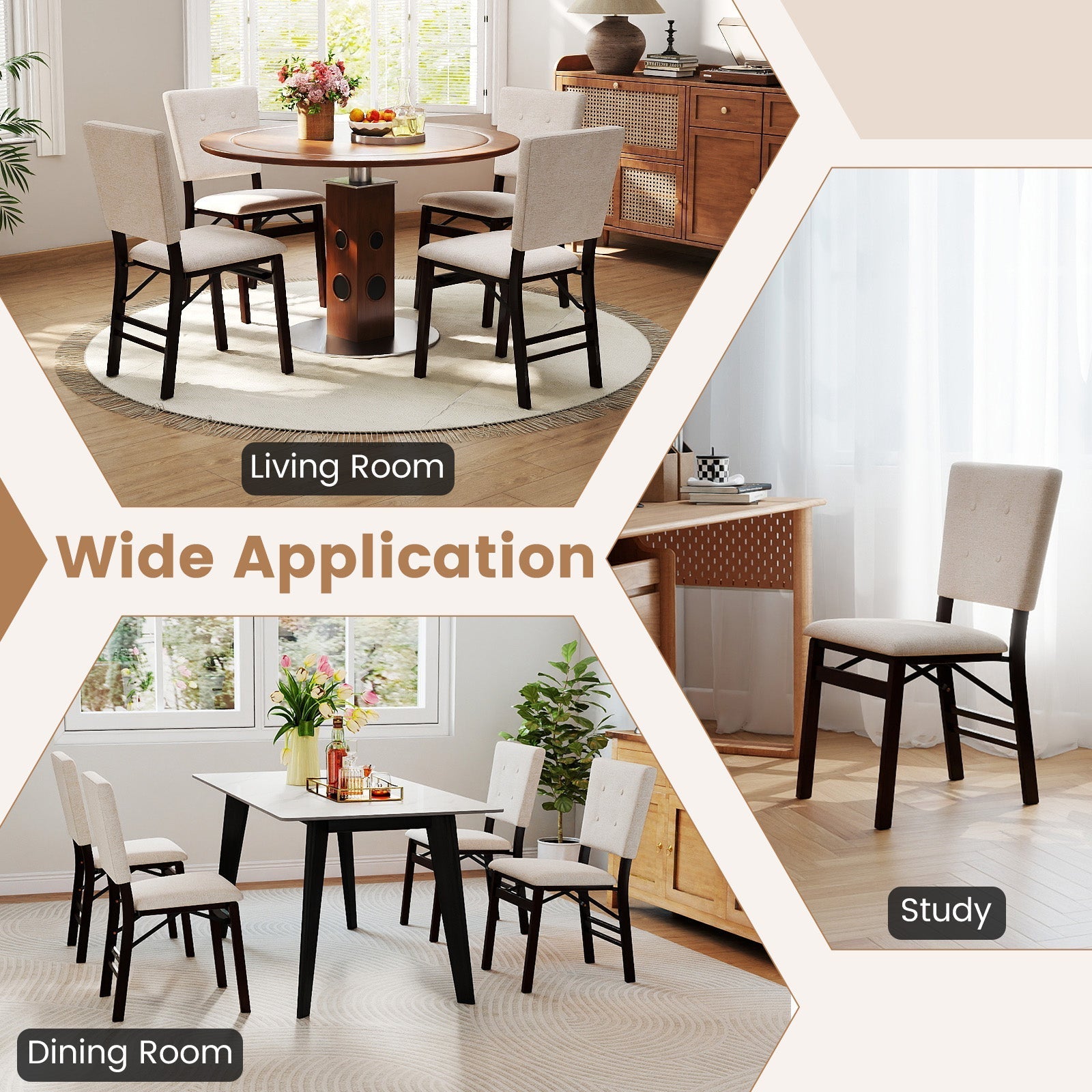 Foldable Dining Chair Set of 2 Armless Kitchen Chair with Padded Seat and Tilt Backrest