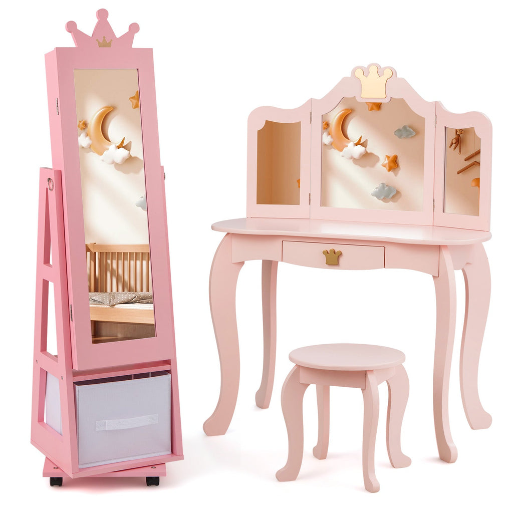Kids Vanity Set + Kids Jewelry Armoire with Full-Length Mirror with Drawer
