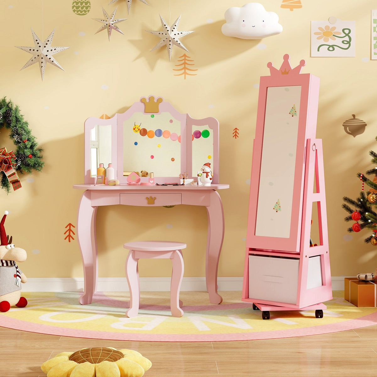 Kids Vanity Set + Kids Jewelry Armoire with Full-Length Mirror with Drawer