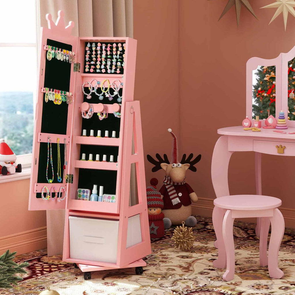 Kids Vanity Set + Kids Jewelry Armoire with Full-Length Mirror with Drawer