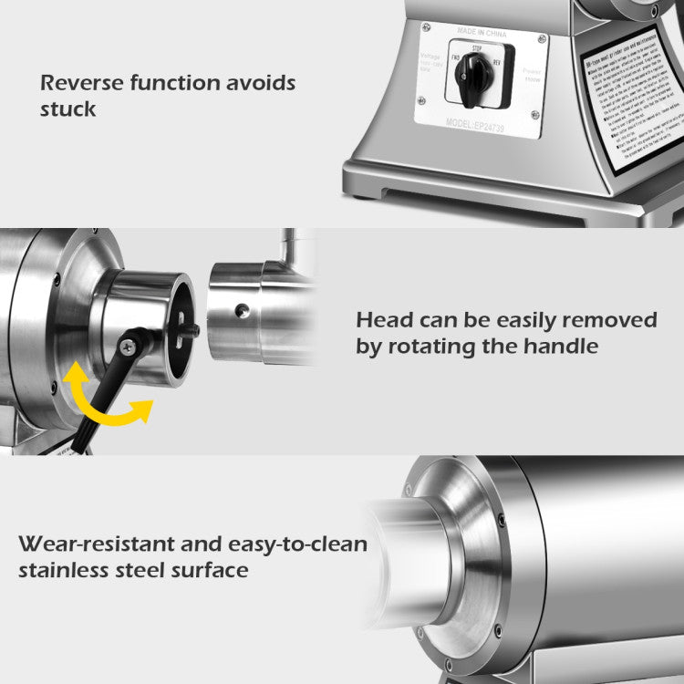 Heavy Duty 1.5HP Commercial Meat Grinder with Reverse High Efficiency and Anti-Clog