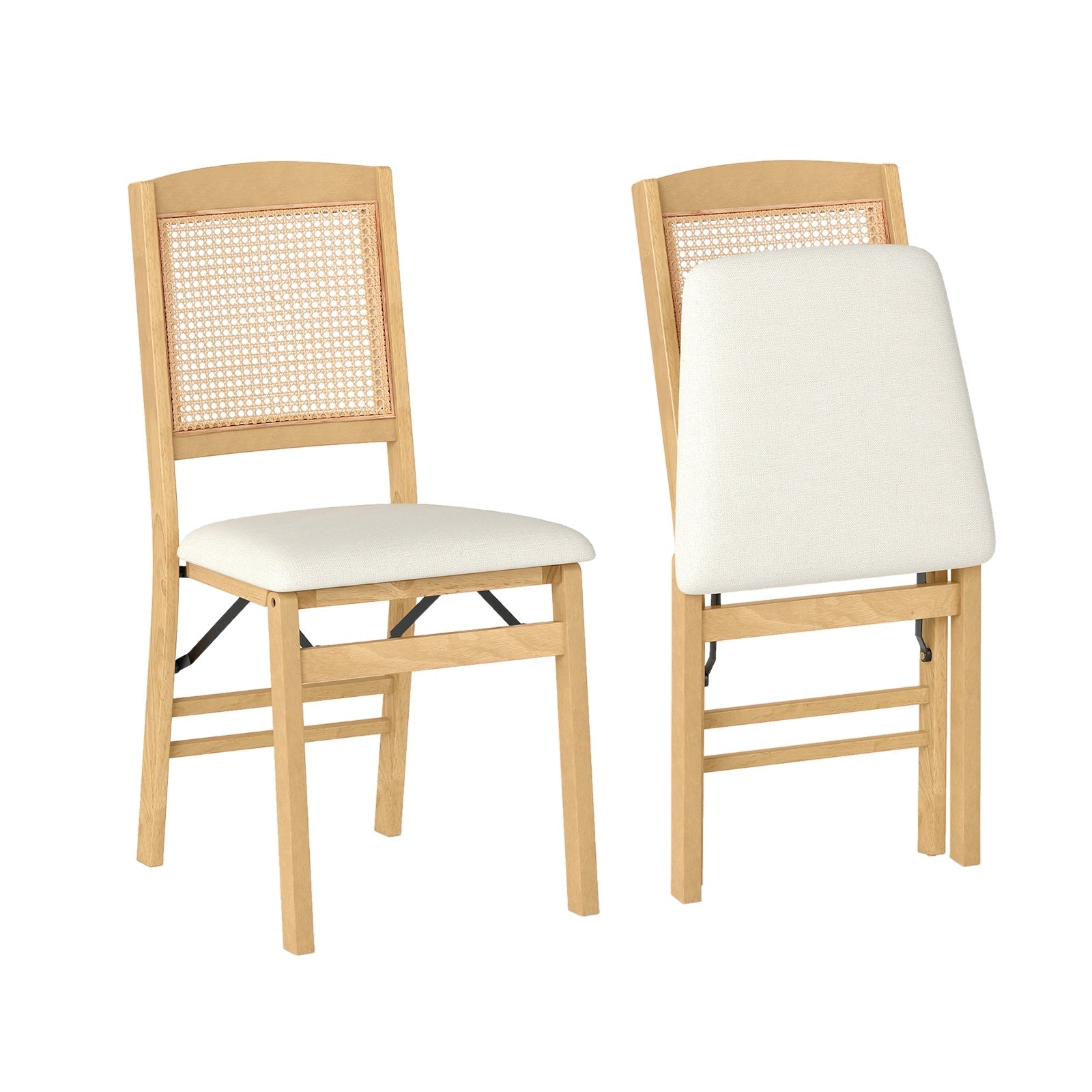 Folding Dining Chairs Set of 2 Rubber Wood Chairs with Linen Padded Seat