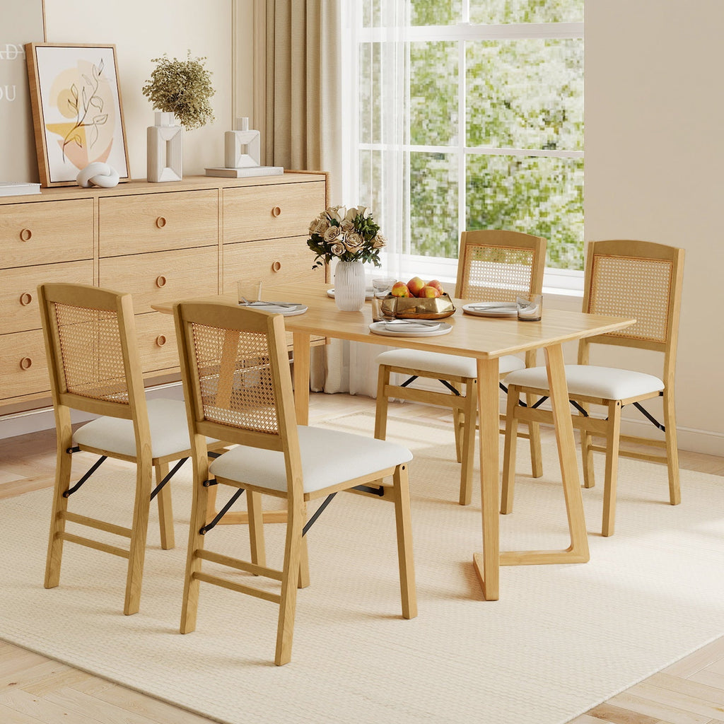 Folding Dining Chairs Set of 2 Rubber Wood Chairs with Linen Padded Seat