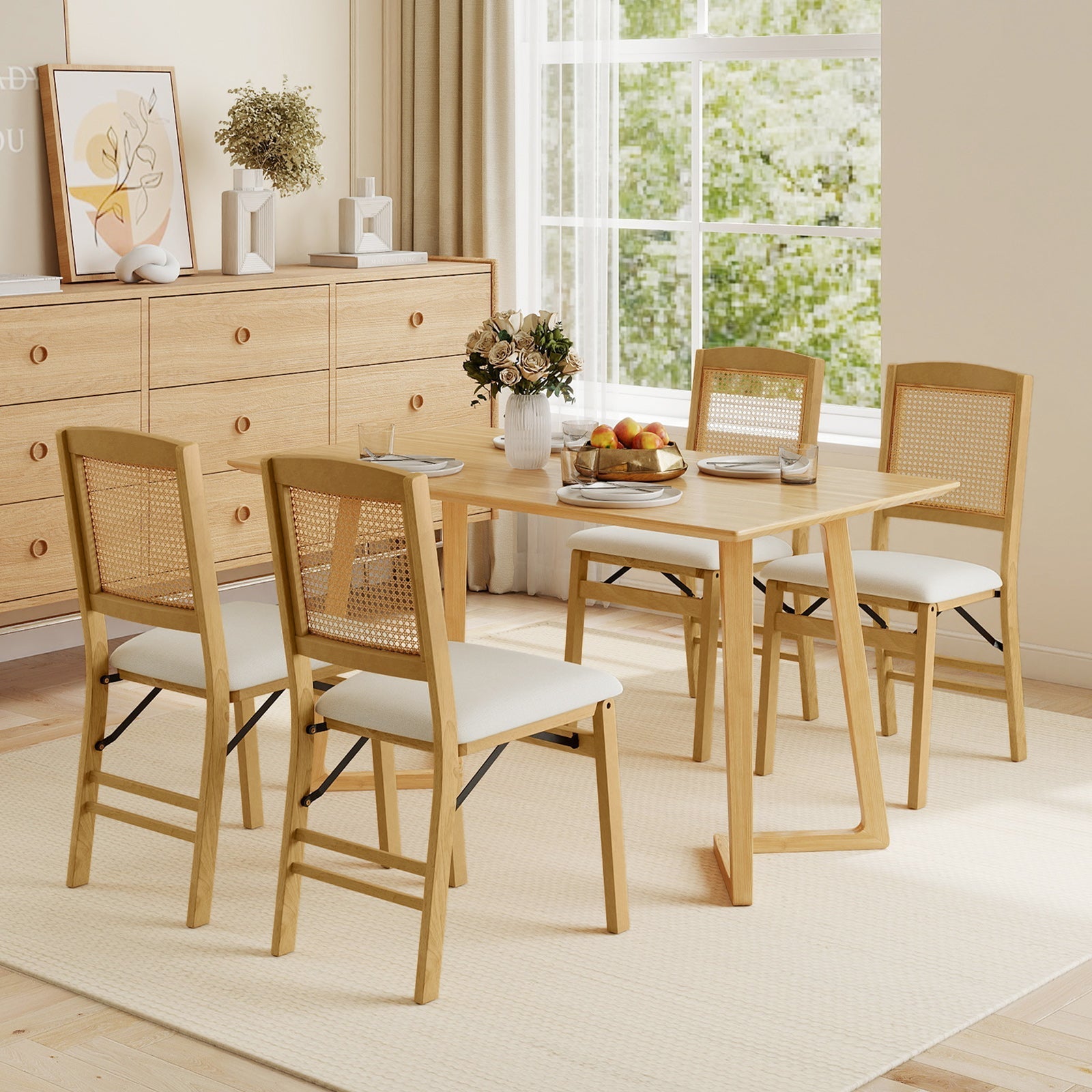 Folding Dining Chairs Set of 2 Rubber Wood Chairs with Linen Padded Seat