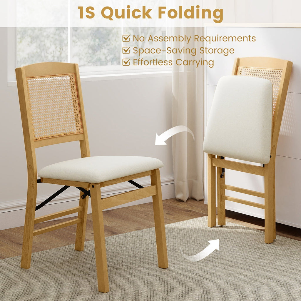 Folding Dining Chairs Set of 2 Rubber Wood Chairs with Linen Padded Seat