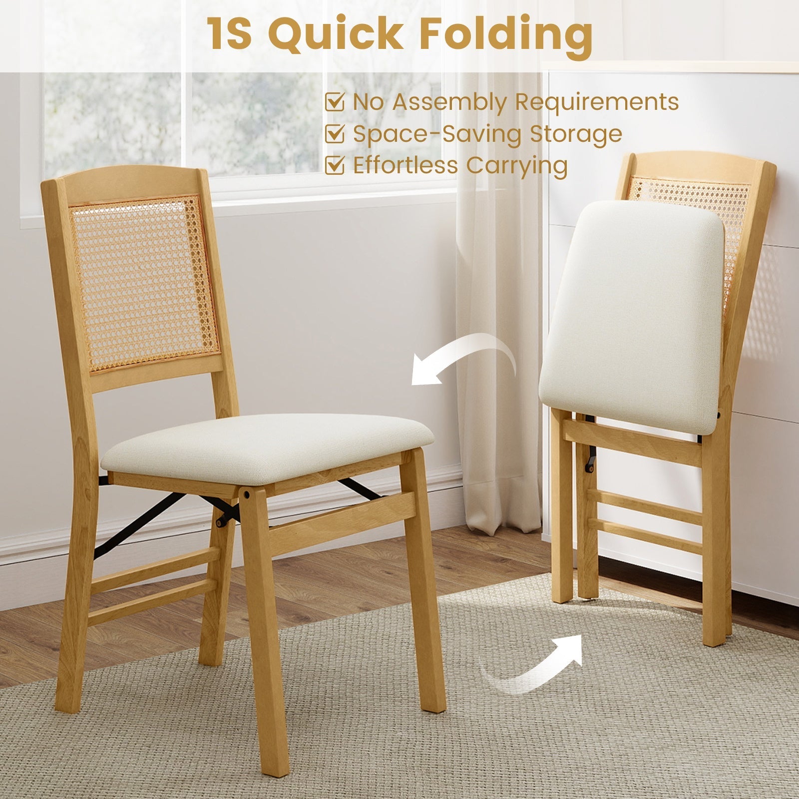 Folding Dining Chairs Set of 2 Rubber Wood Chairs with Linen Padded Seat