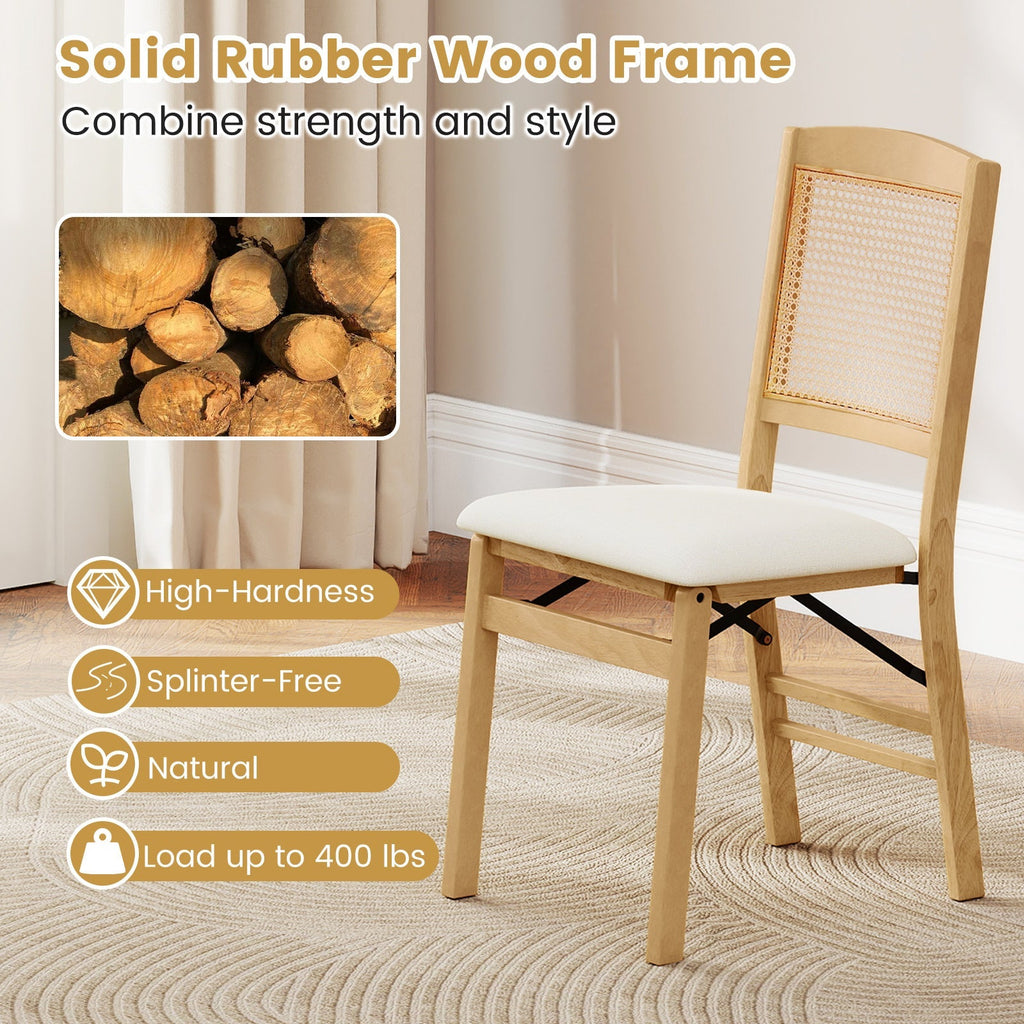 Folding Dining Chairs Set of 2 Rubber Wood Chairs with Linen Padded Seat