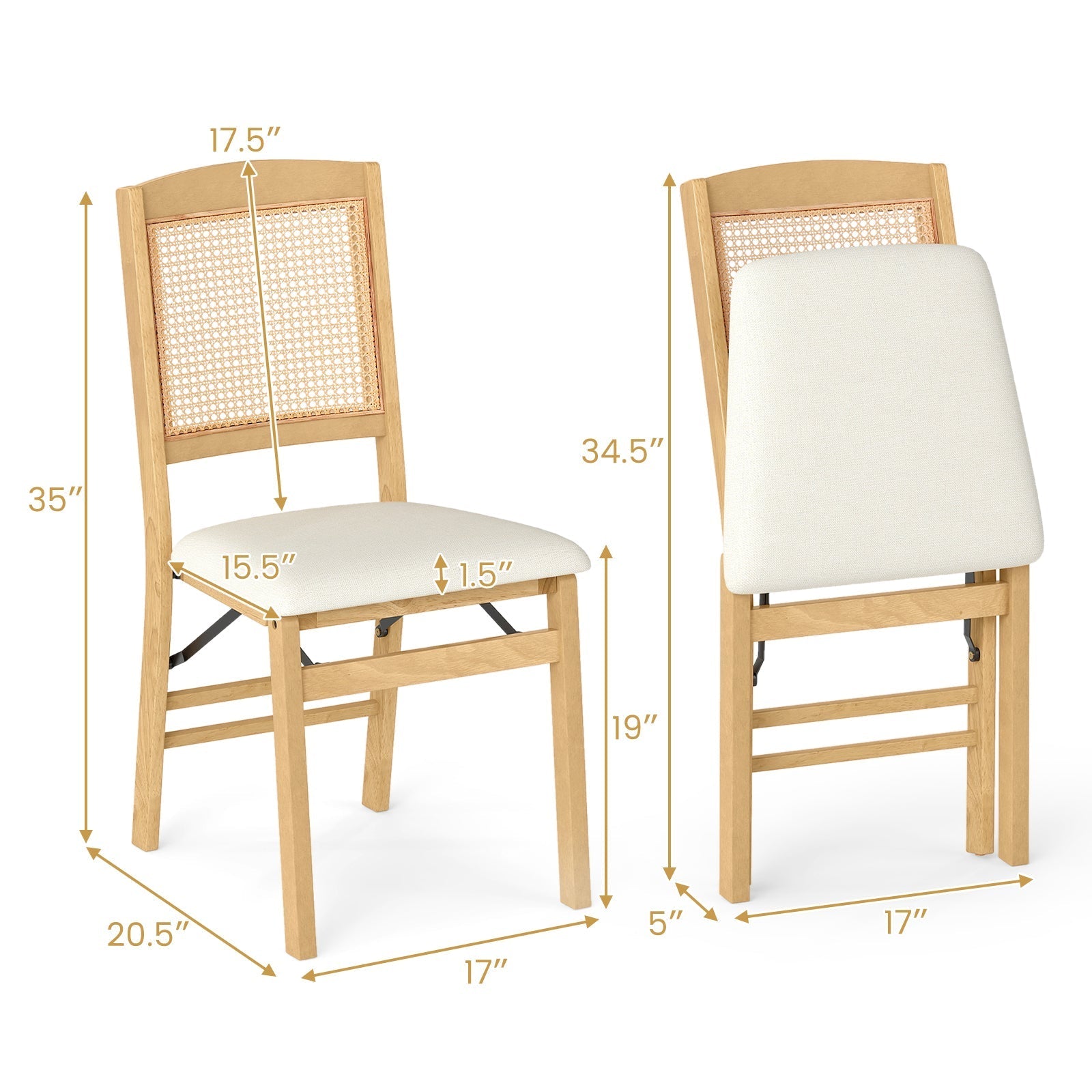 Folding Dining Chairs Set of 2 Rubber Wood Chairs with Linen Padded Seat
