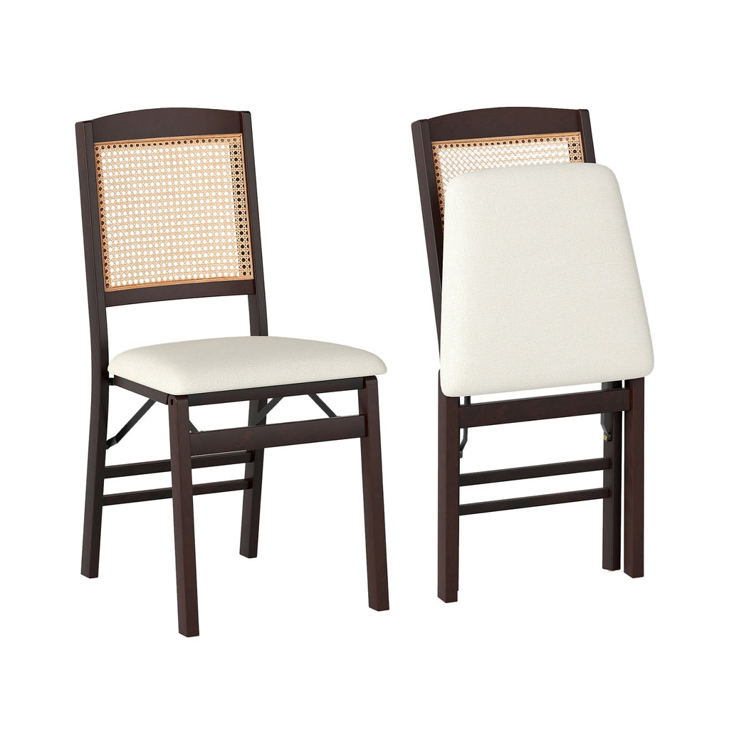 Folding Dining Chairs Set of 2 Rubber Wood Chairs with Linen Padded Seat