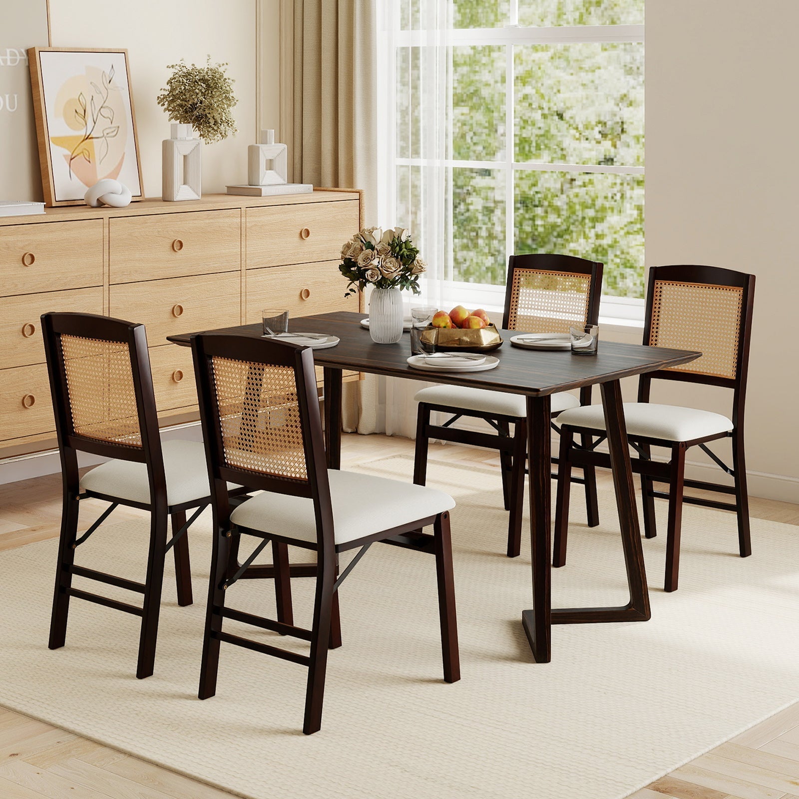 Folding Dining Chairs Set of 2 Rubber Wood Chairs with Linen Padded Seat