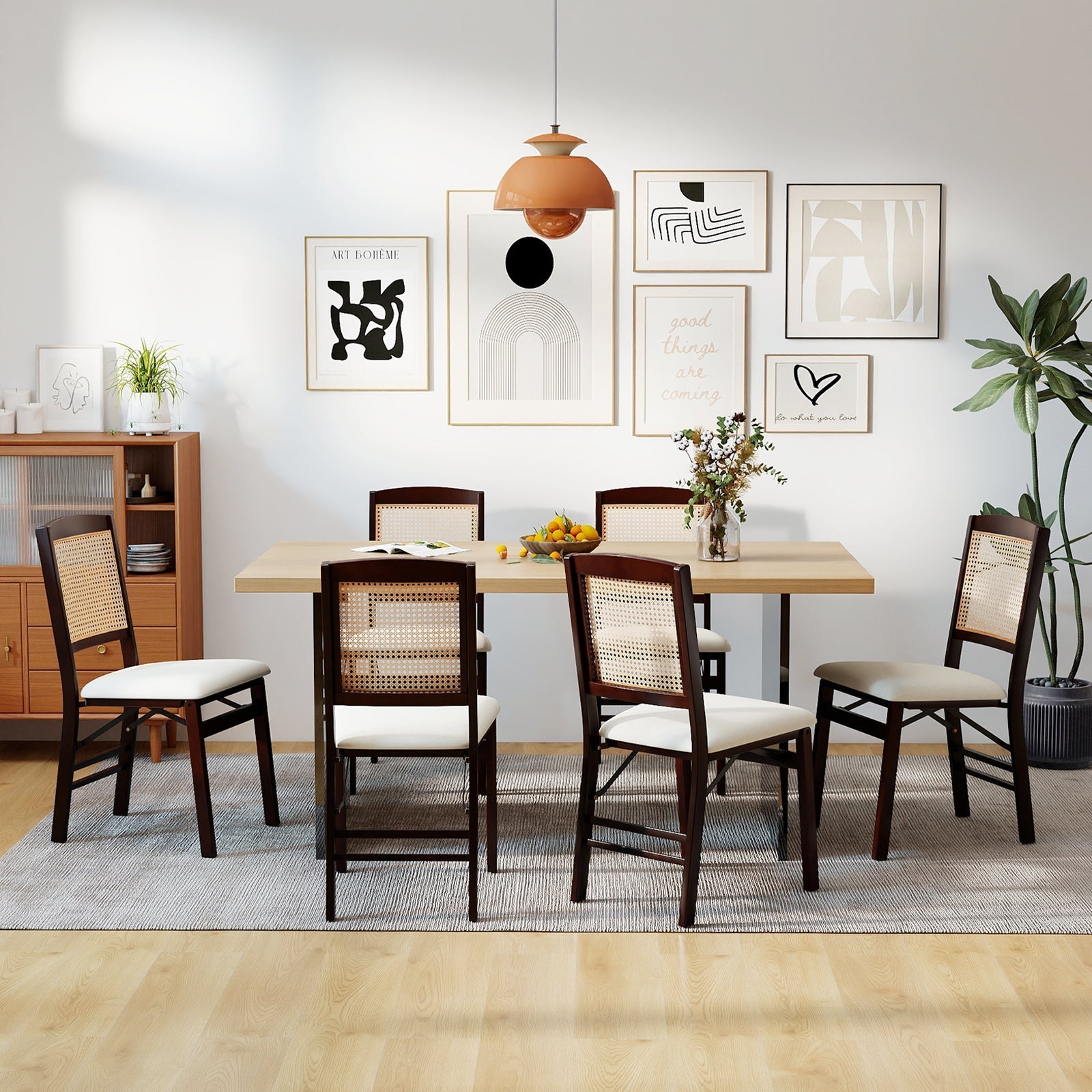 Folding Dining Chairs Set of 2 Rubber Wood Chairs with Linen Padded Seat