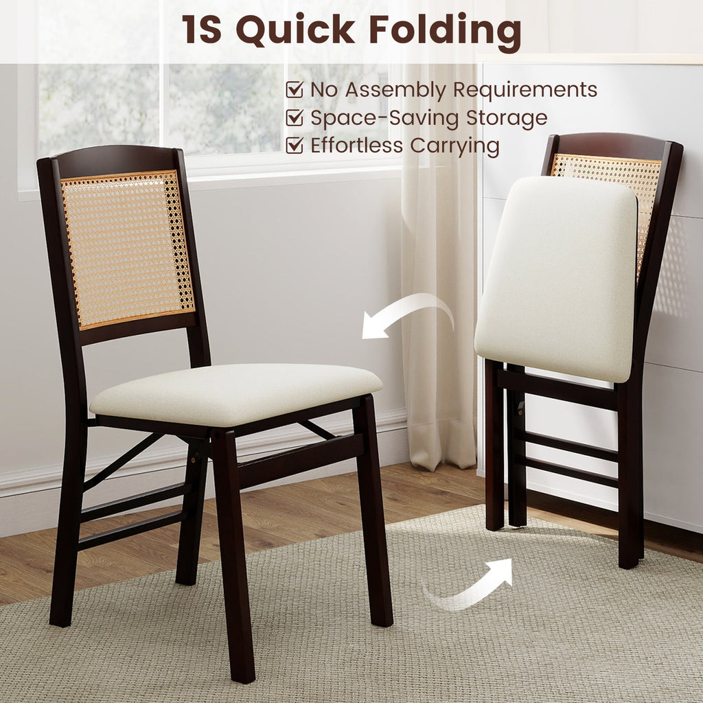 Folding Dining Chairs Set of 2 Rubber Wood Chairs with Linen Padded Seat
