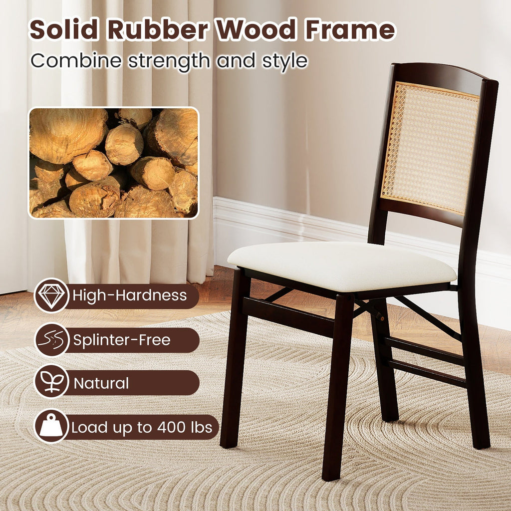 Folding Dining Chairs Set of 2 Rubber Wood Chairs with Linen Padded Seat