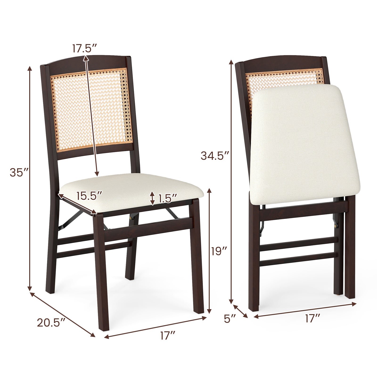 Folding Dining Chairs Set of 2 Rubber Wood Chairs with Linen Padded Seat