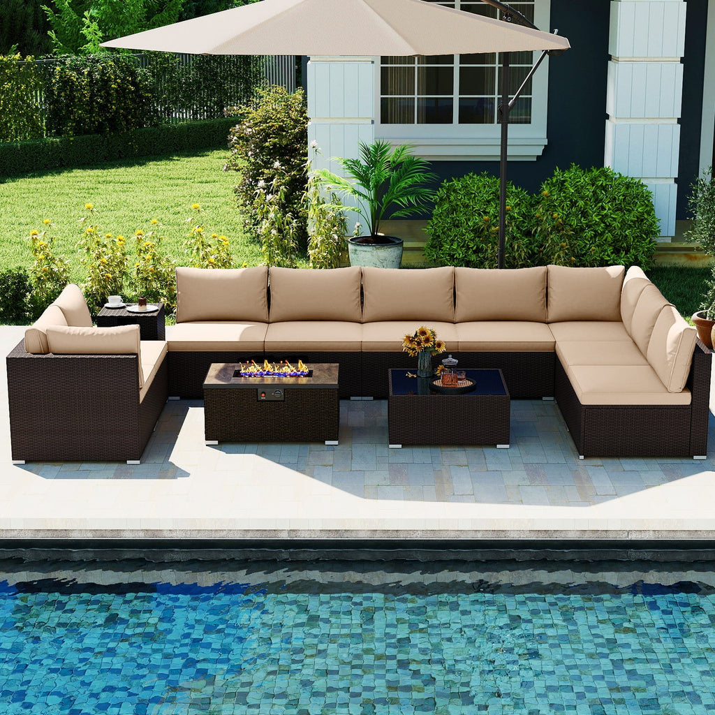 Outdoor PE Rattan Conversation Set with 32‚Äù Propane Fire Pit Table and Tank Holder