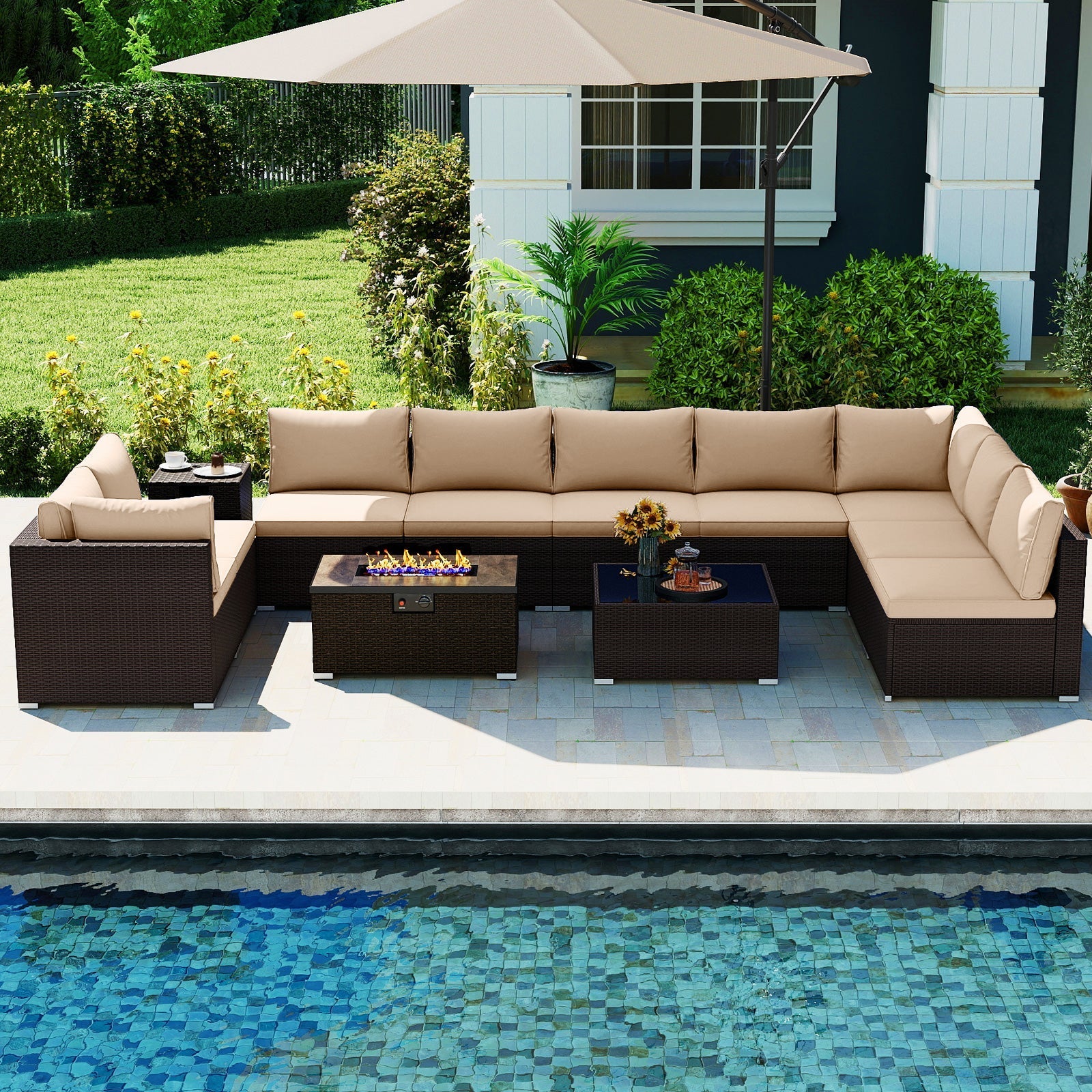 Outdoor PE Rattan Conversation Set with 32‚Äù Propane Fire Pit Table and Tank Holder