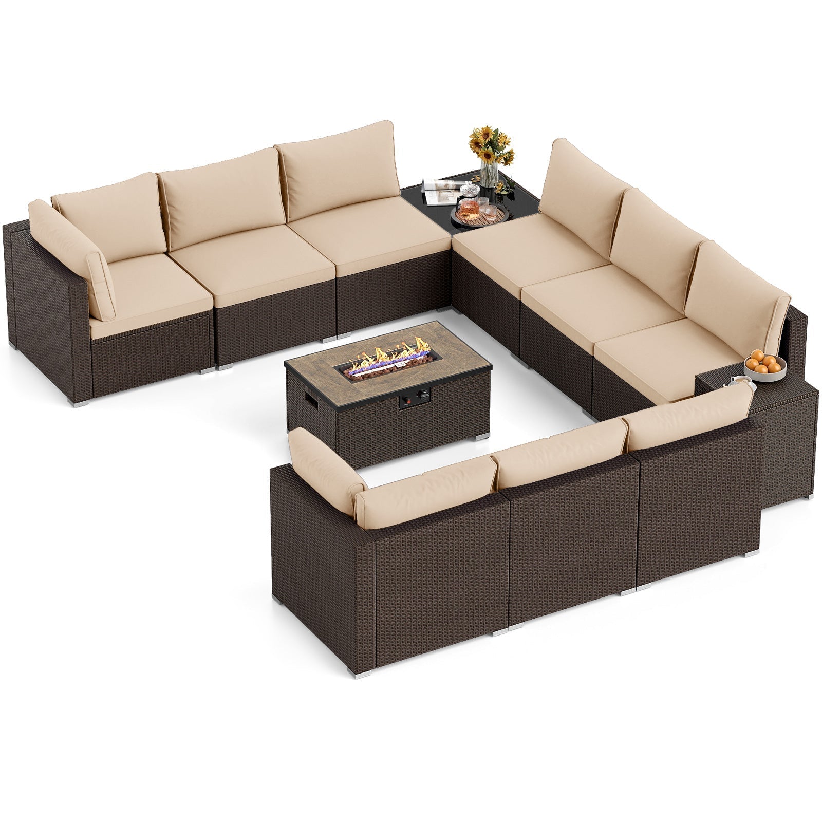 Outdoor PE Rattan Conversation Set with 32‚Äù Propane Fire Pit Table and Tank Holder