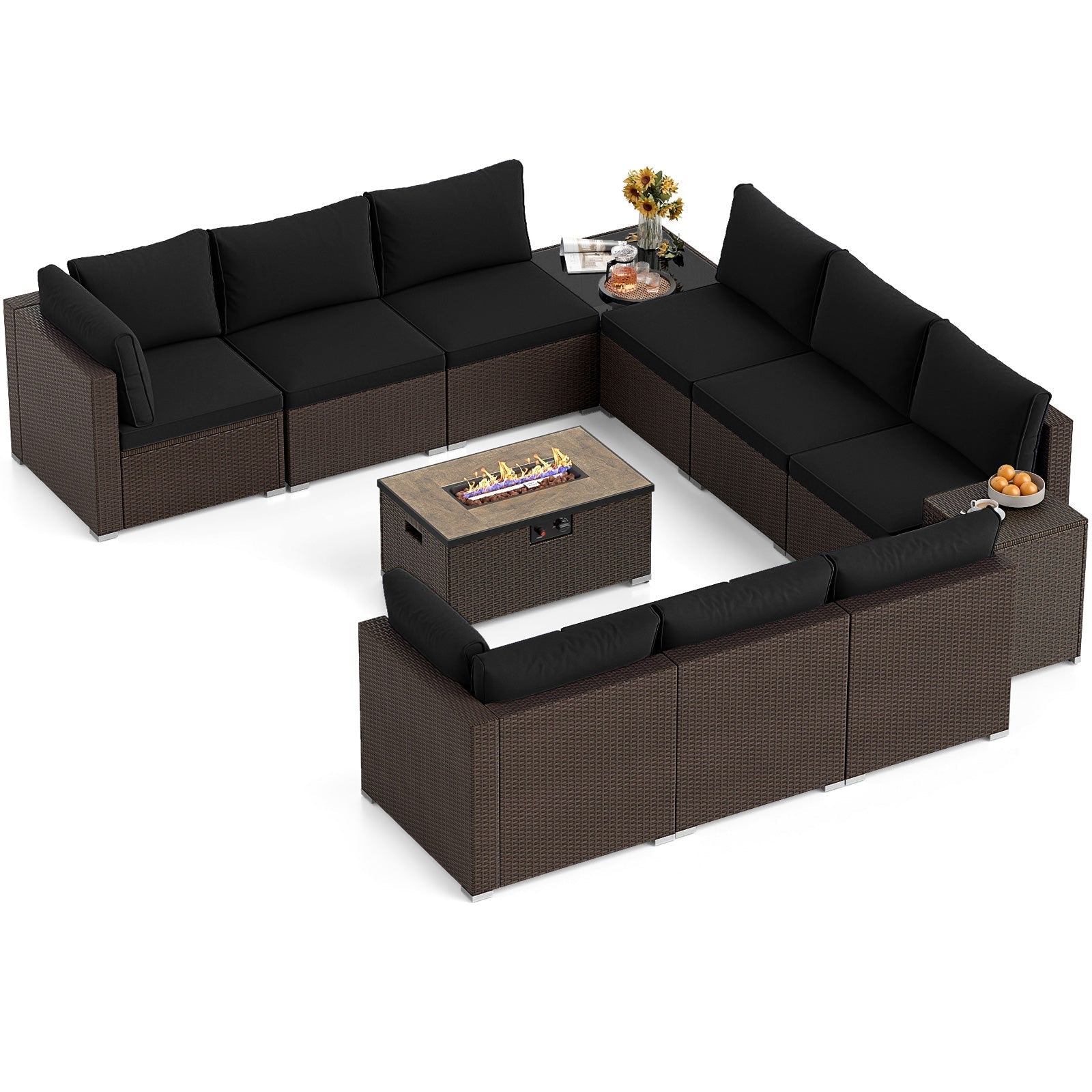 Outdoor PE Rattan Conversation Set with 32‚Äù Propane Fire Pit Table and Tank Holder
