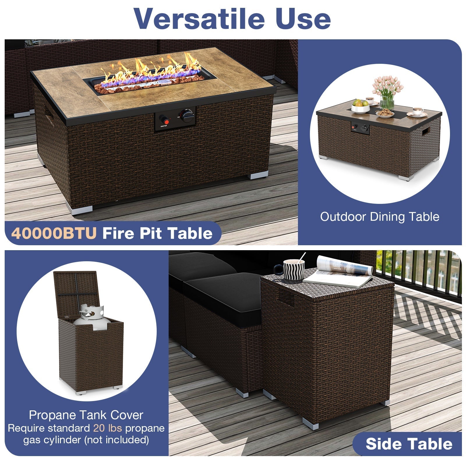 Outdoor PE Rattan Conversation Set with 32‚Äù Propane Fire Pit Table and Tank Holder