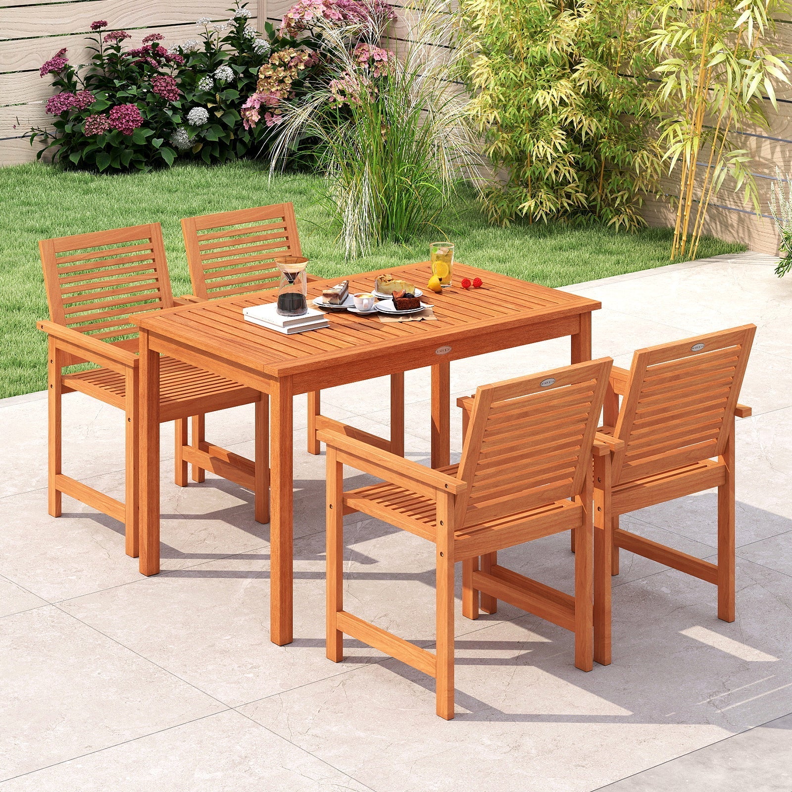 5 Pieces Patio Wood Dining Set Outdoor Rectangular Table and Chairs