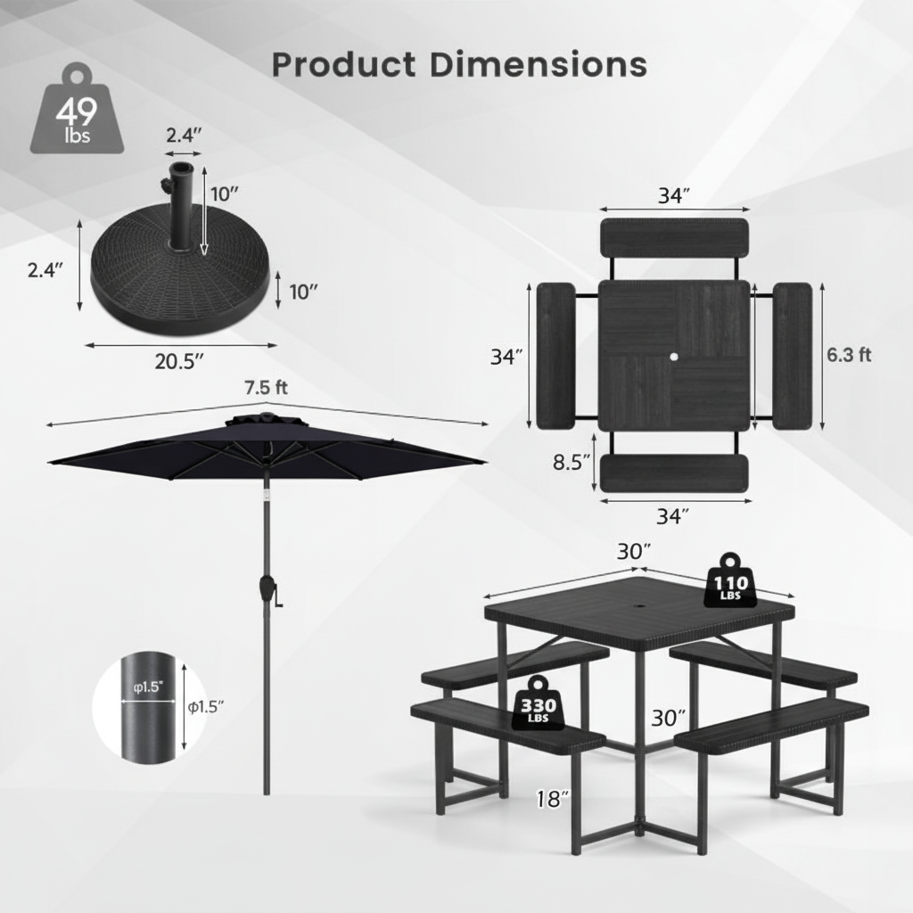 Outdoor Picnic Table Bench Set with Umbrella and Base for 4-8 People