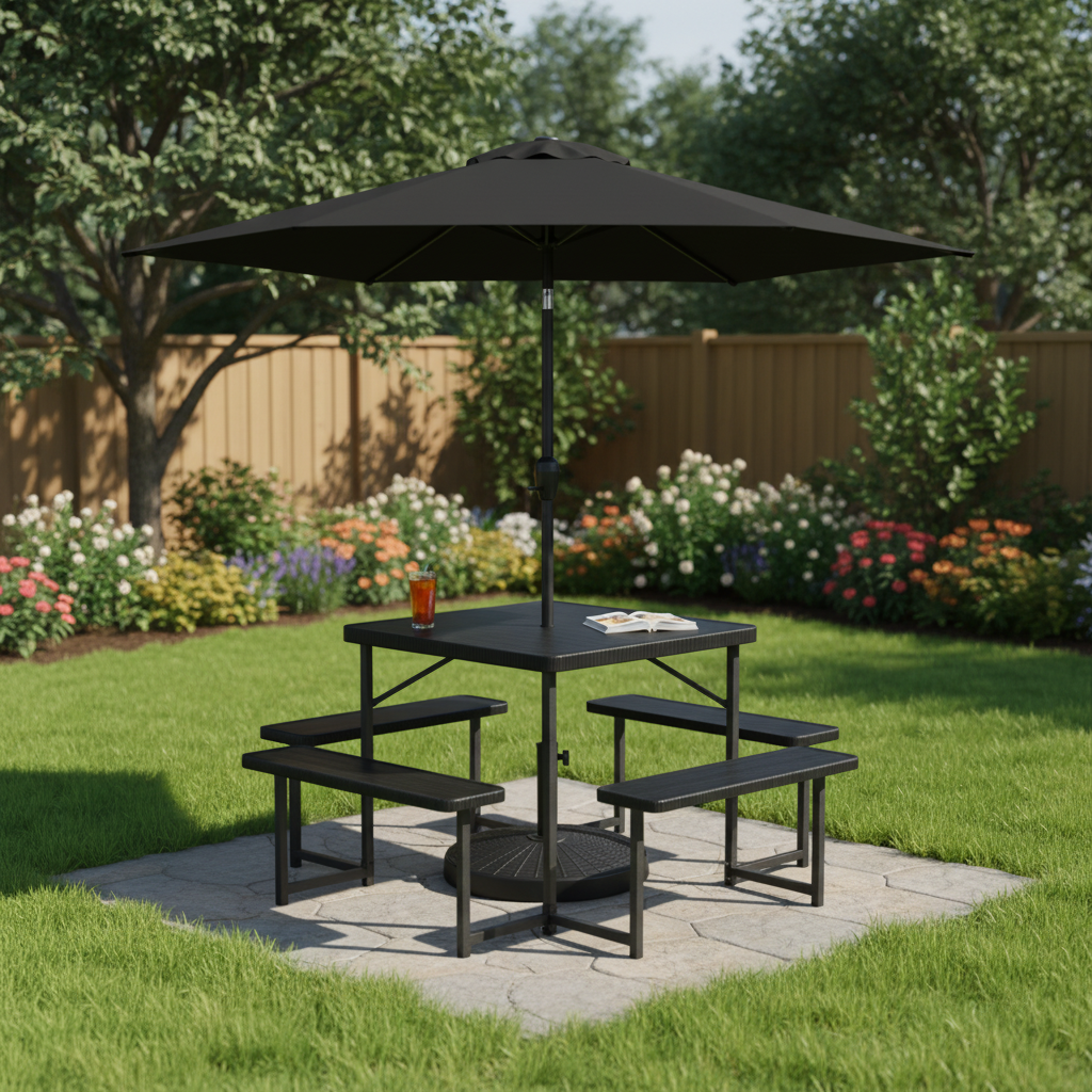Outdoor Picnic Table Bench Set with Umbrella and Base for 4-8 People