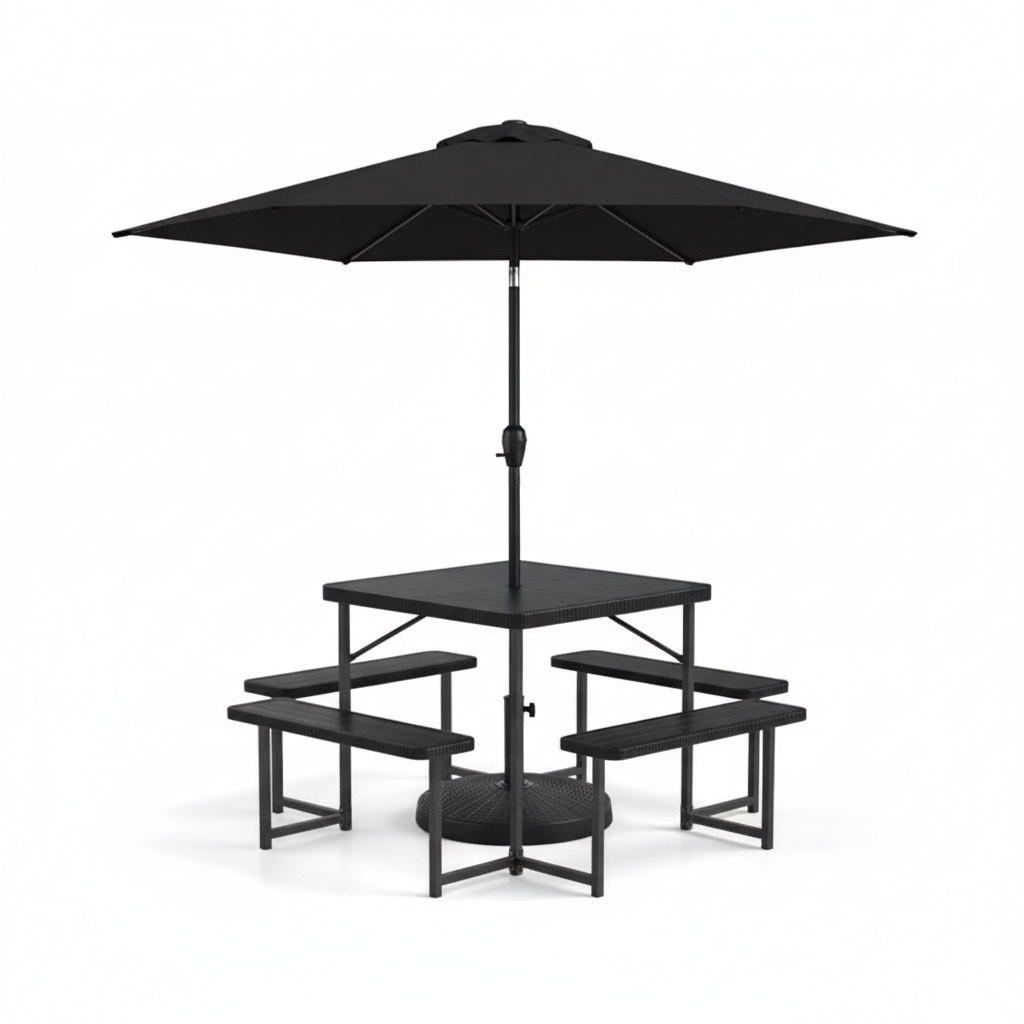 Outdoor Picnic Table Bench Set with Umbrella and Base for 4-8 People