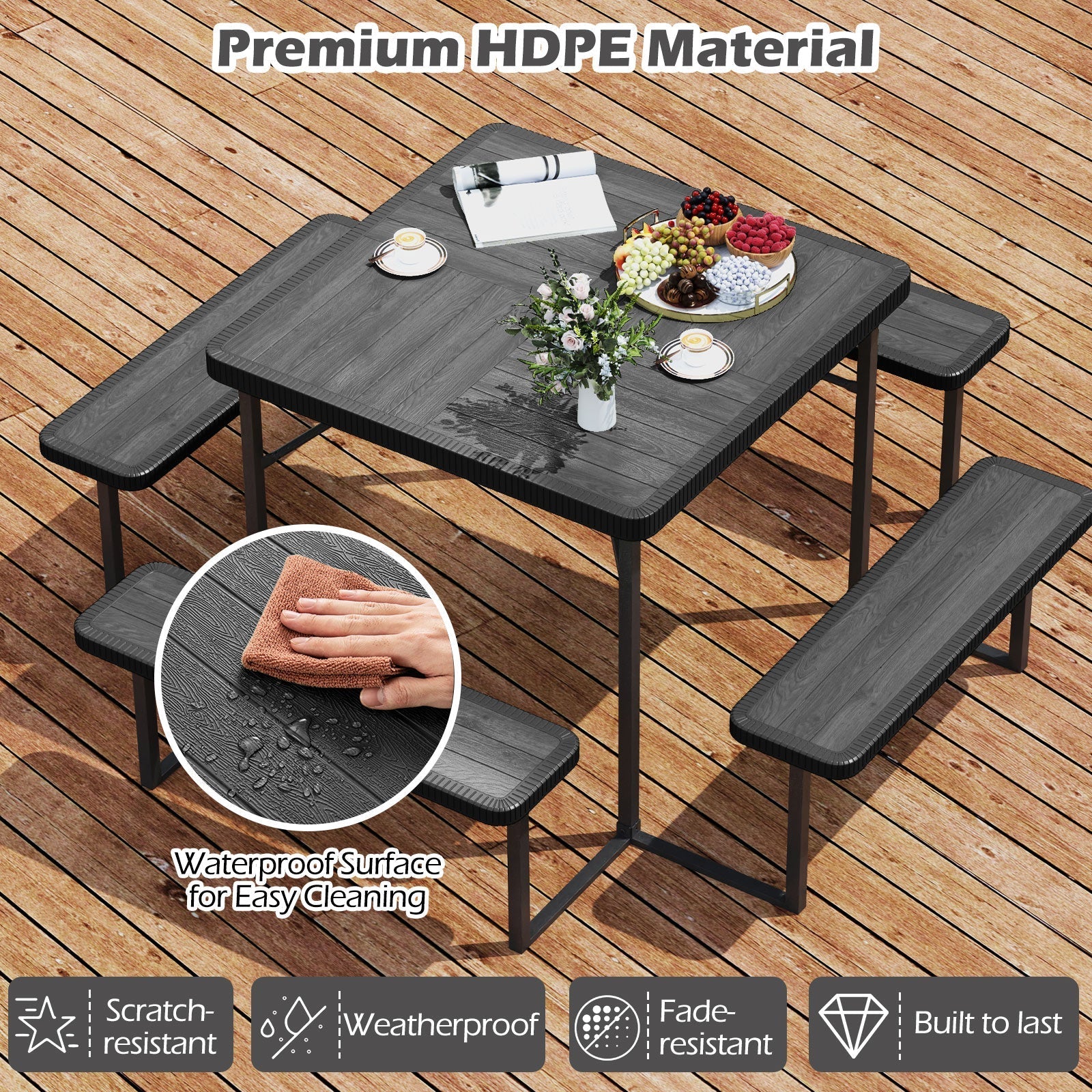 Outdoor Picnic Table Bench Set with Umbrella and Base for 4-8 People