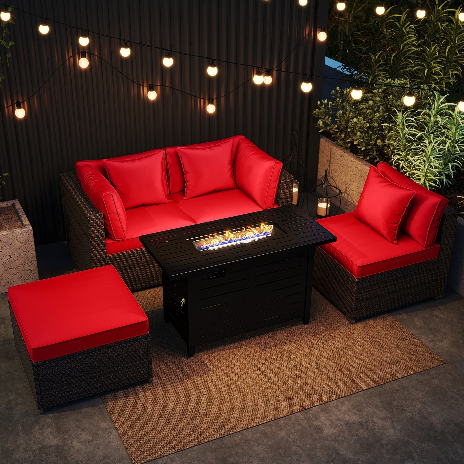 Heavy-duty Frame Rattan Sofa Set with 60000 BTU Firepit Table