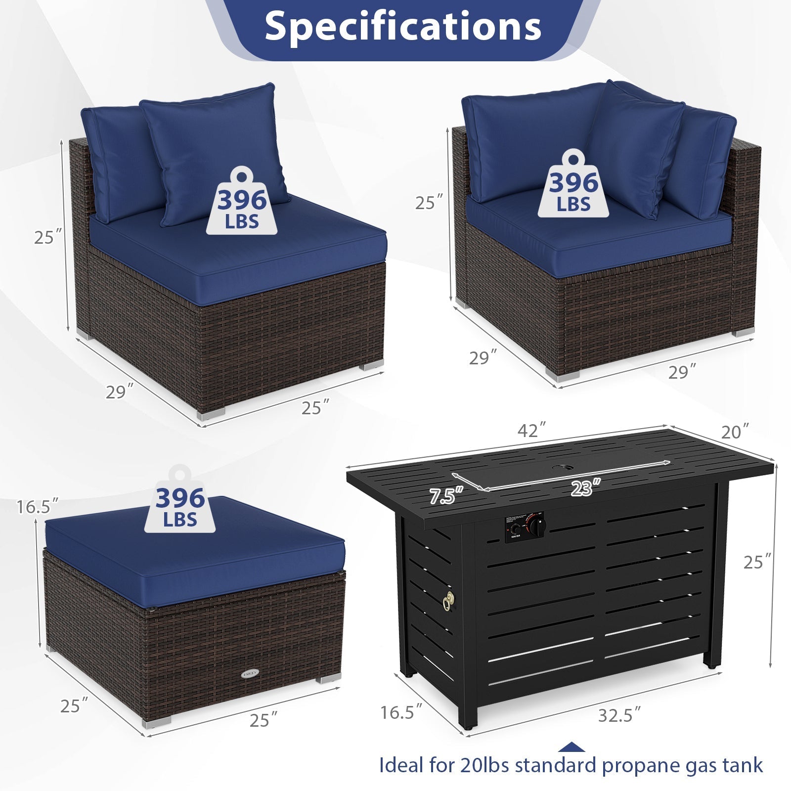 Heavy-duty Frame Rattan Sofa Set with 60000 BTU Firepit Table