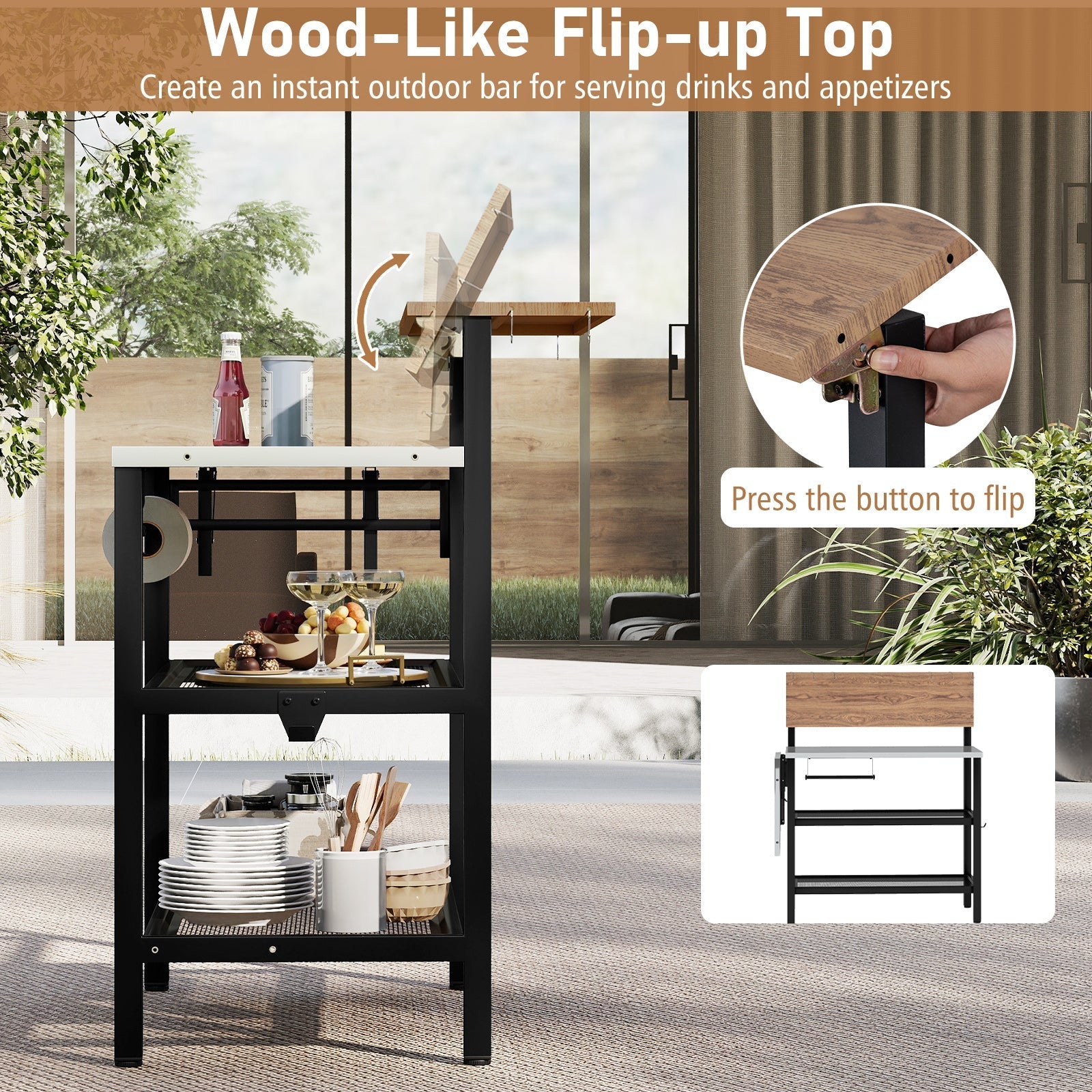 Outdoor Foldable Grill Table with Flip-Up Top and 2 Storage Shelves for Backyard Garden