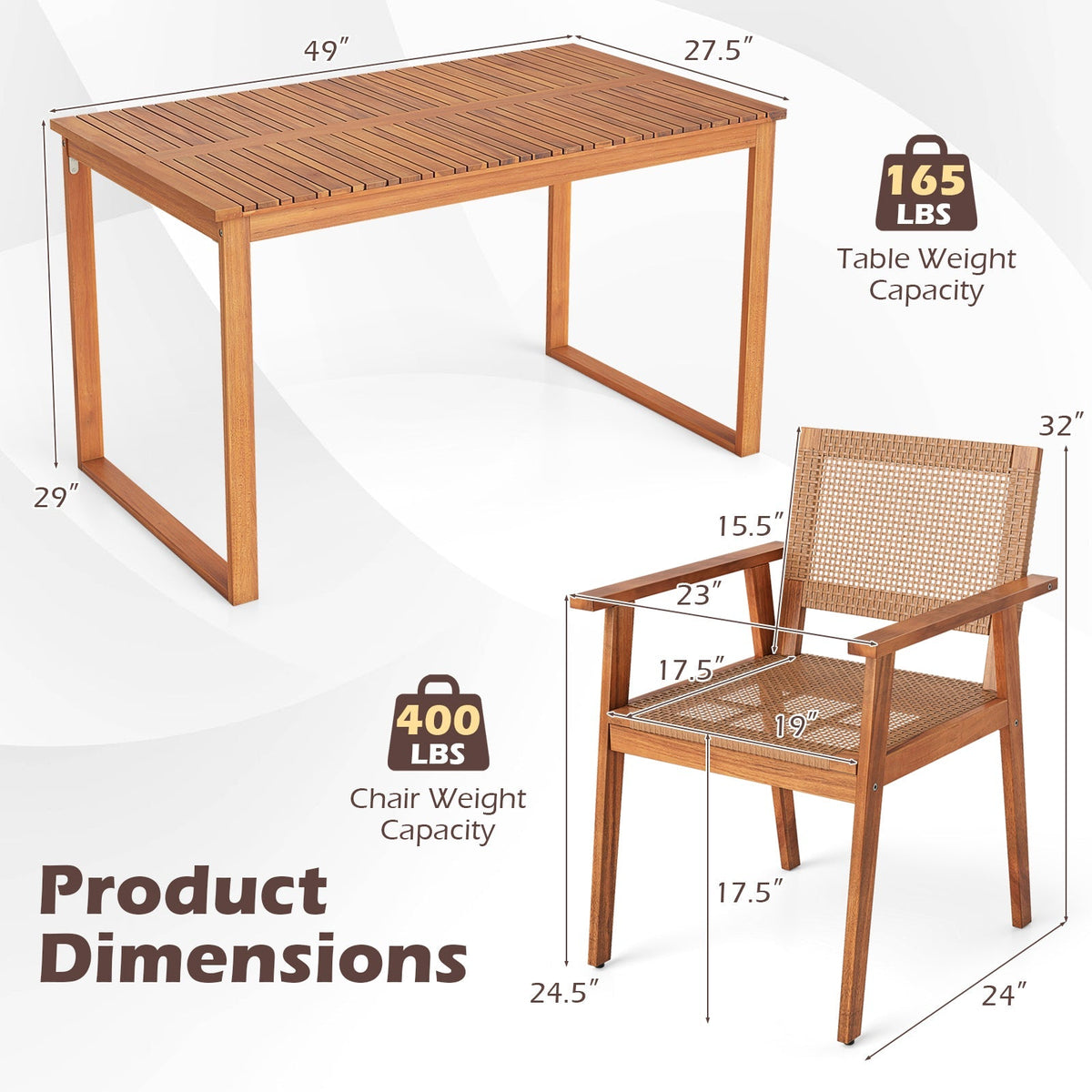 5 Pieces Acacia Wood Dining Set with Outdoor Table and Rattan Chairs for 4 Persons