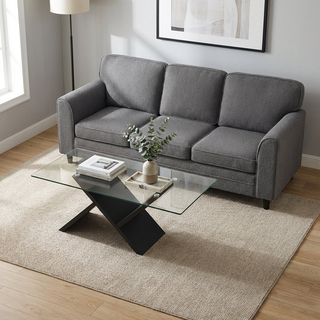 Contemporary Living Room Furniture Suite: Modern 3-Seat Teddy Velvet Sofa + 47-Inch Glass Coffee Table