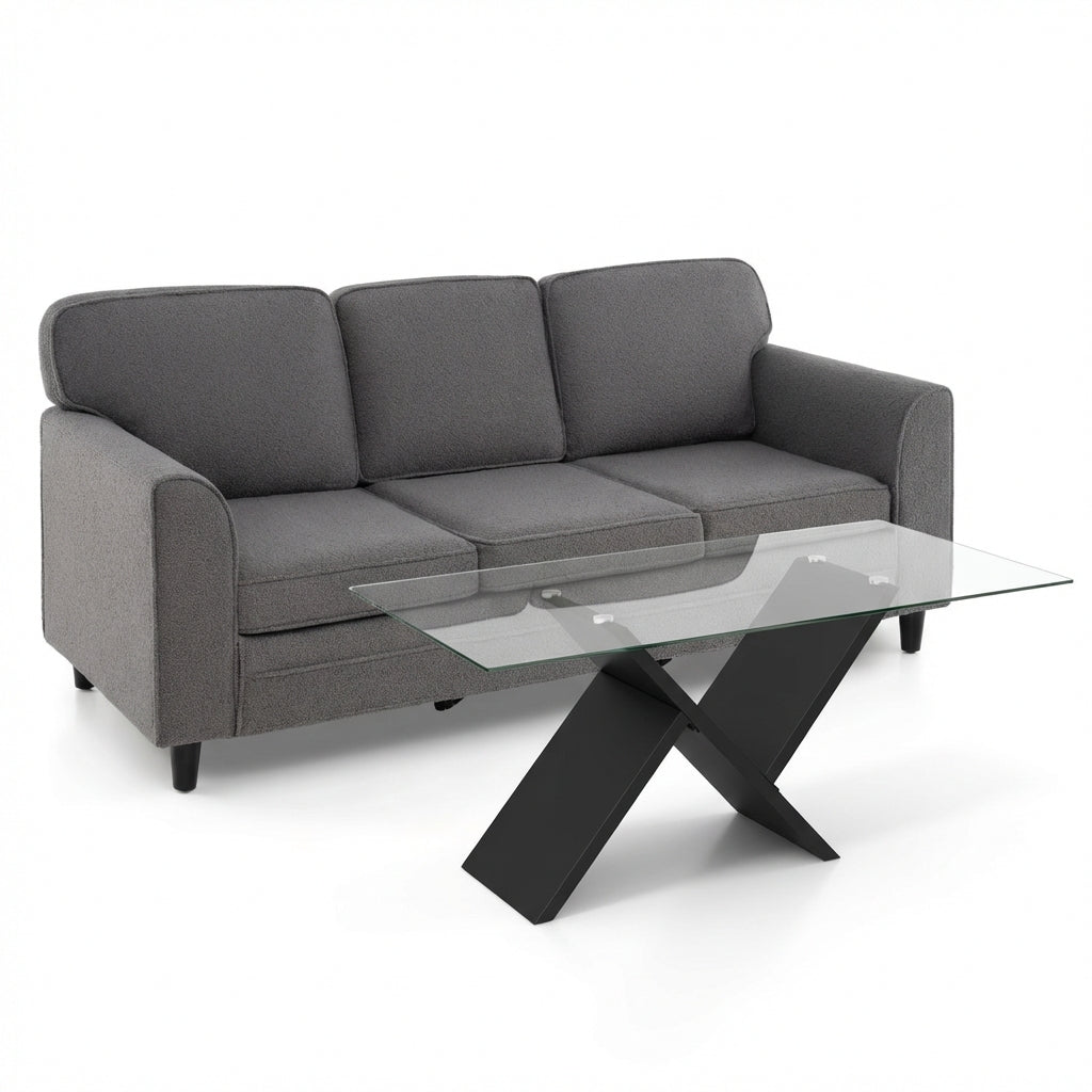 Contemporary Living Room Furniture Suite: Modern 3-Seat Teddy Velvet Sofa + 47-Inch Glass Coffee Table