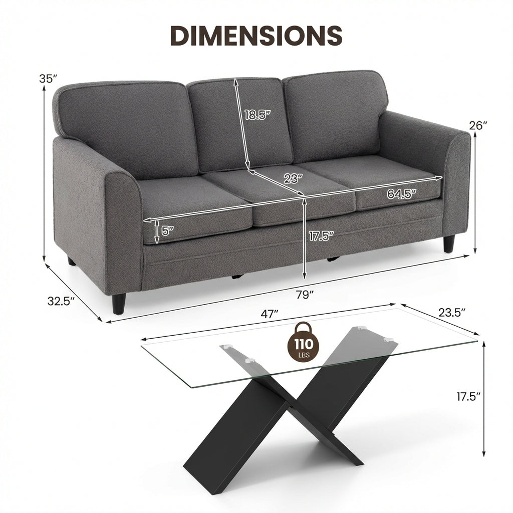 Contemporary Living Room Furniture Suite: Modern 3-Seat Teddy Velvet Sofa + 47-Inch Glass Coffee Table