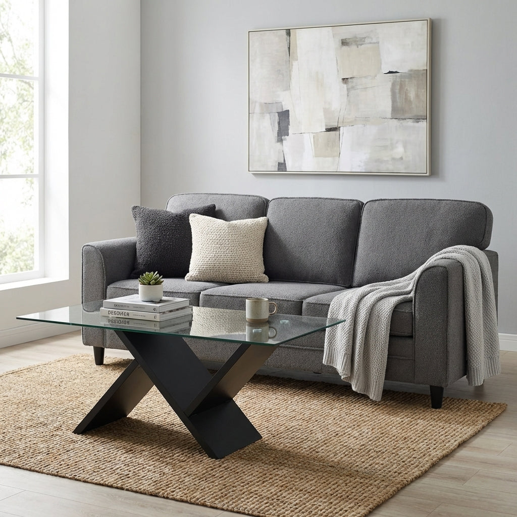 Contemporary Living Room Furniture Suite: Modern 3-Seat Teddy Velvet Sofa + 47-Inch Glass Coffee Table