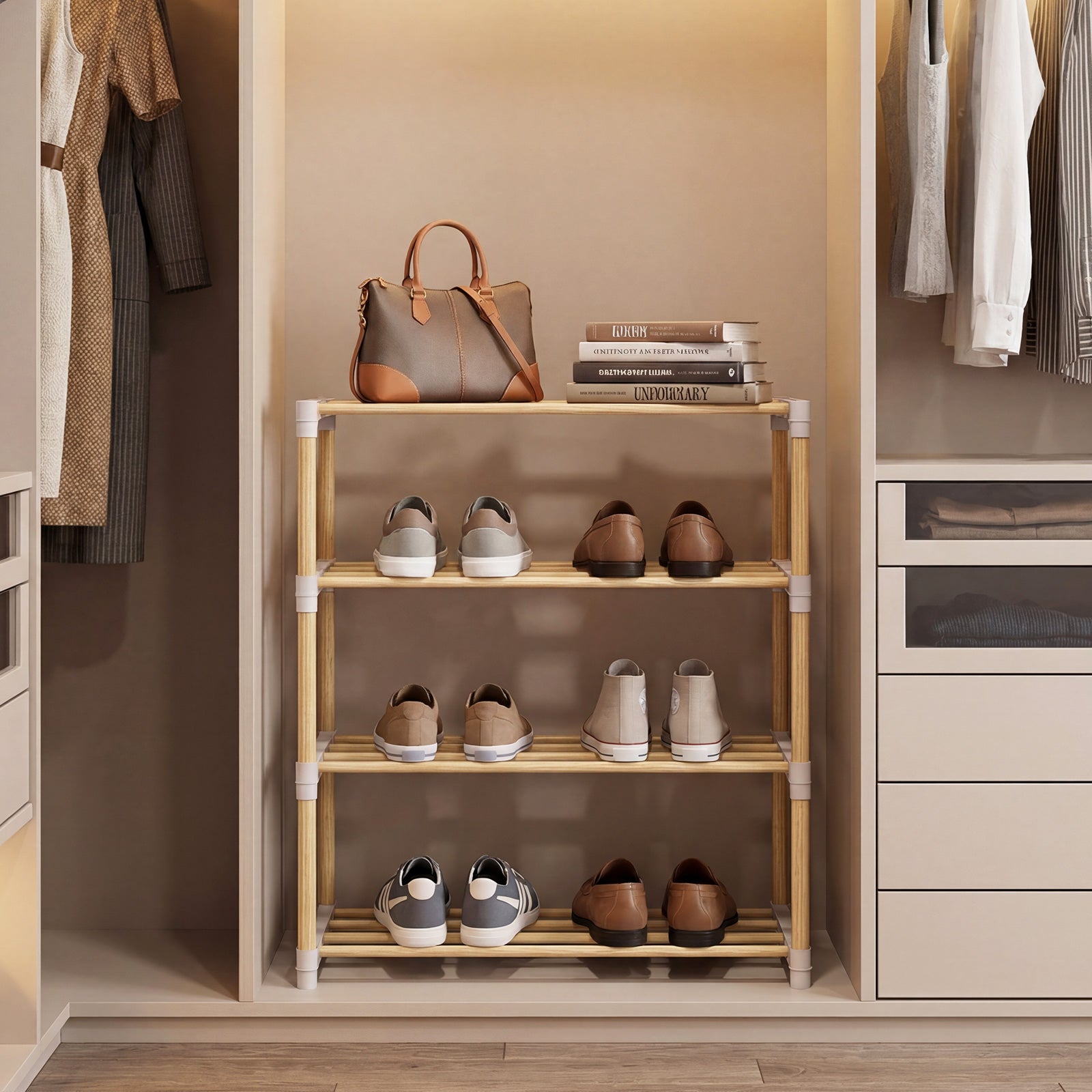 4-Tier Solid Wood Shoe Rack with Slatted Open Shelves-Gray