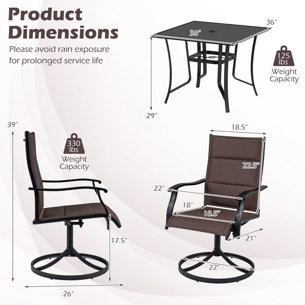 5 Pieces Outdoor Dining Set with 4 Swivel Chairs and 36 Inch Square Patio Table
