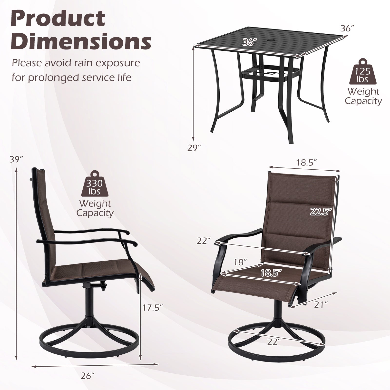 5 Pieces Outdoor Dining Set with 4 Swivel Chairs and 36 Inch Square Patio Table