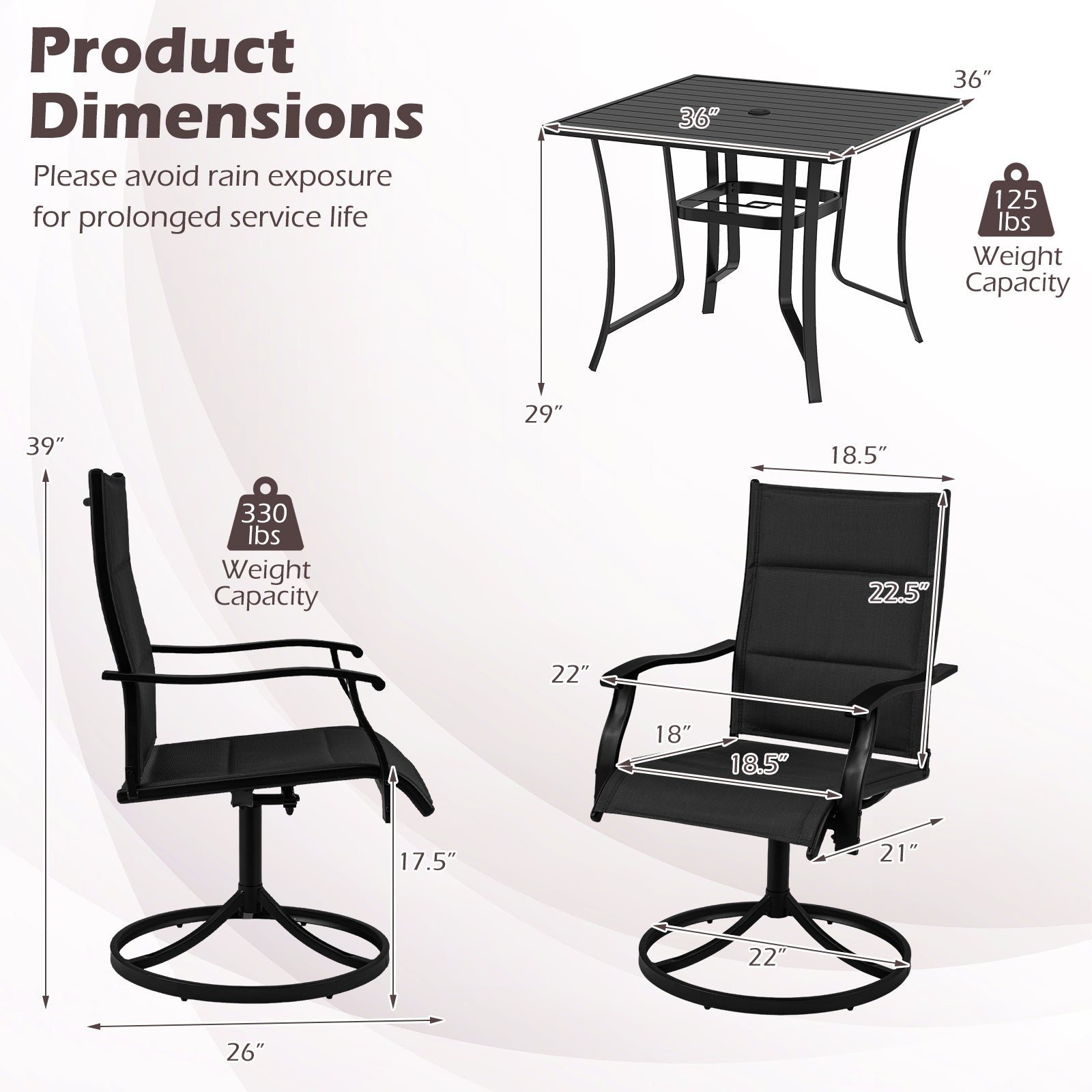 5 Pieces Outdoor Dining Set with 4 Swivel Chairs and 36 Inch Square Patio Table