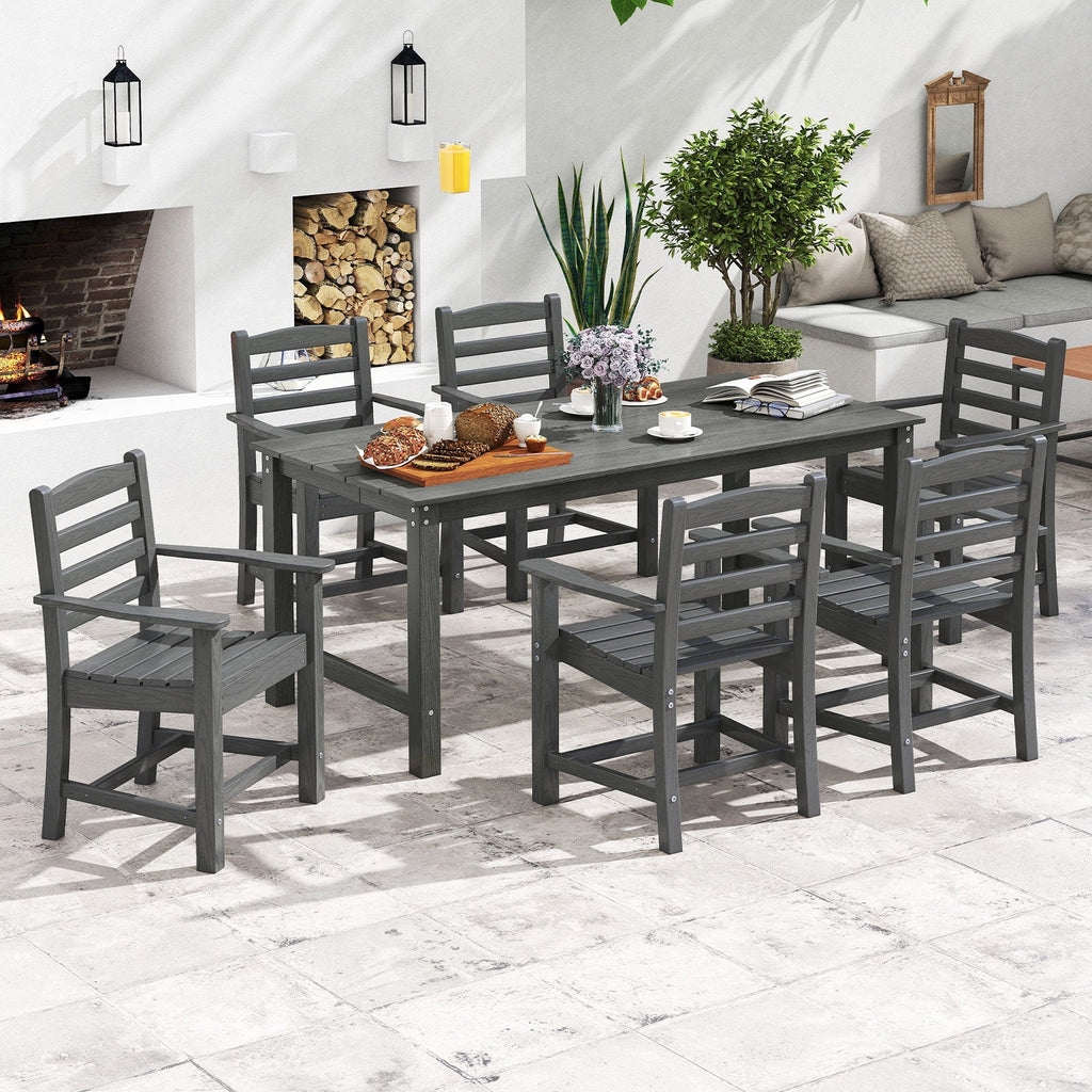 7 Pieces Outdoor Dining Table Set for 6 People 67 Inch HDPE Patio Rectangle Table and 6 Armchairs